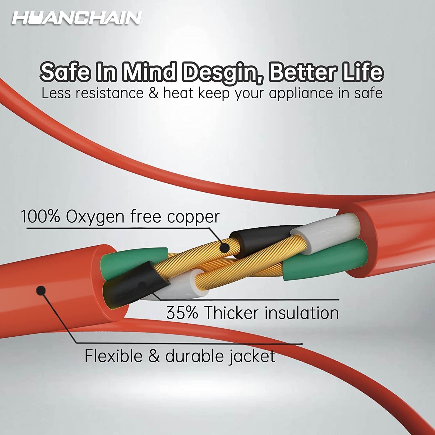 Huanchain 50 Ft 16 Gauge Indoor Outdoor Extension Cord Waterproof, Flexible Cold Weather 3 Prong Electric Cord Outside, 13A 1625