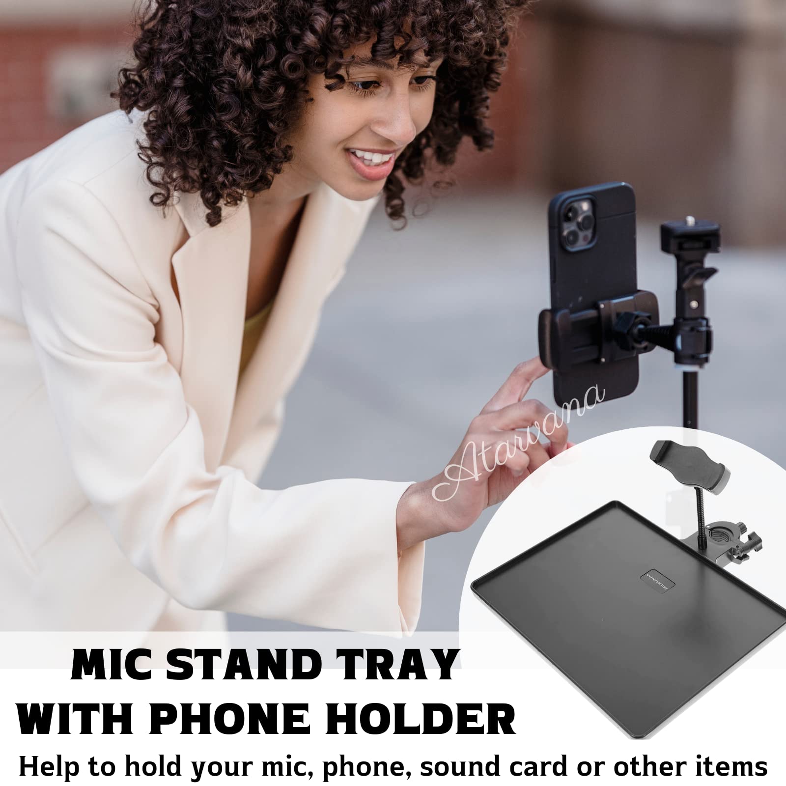 Universal Microphone Stand Tray With Phone Holder, Mic Stand Clamp On Utility Shelf Rack Tray Holder For Music Sheet, Live Strea