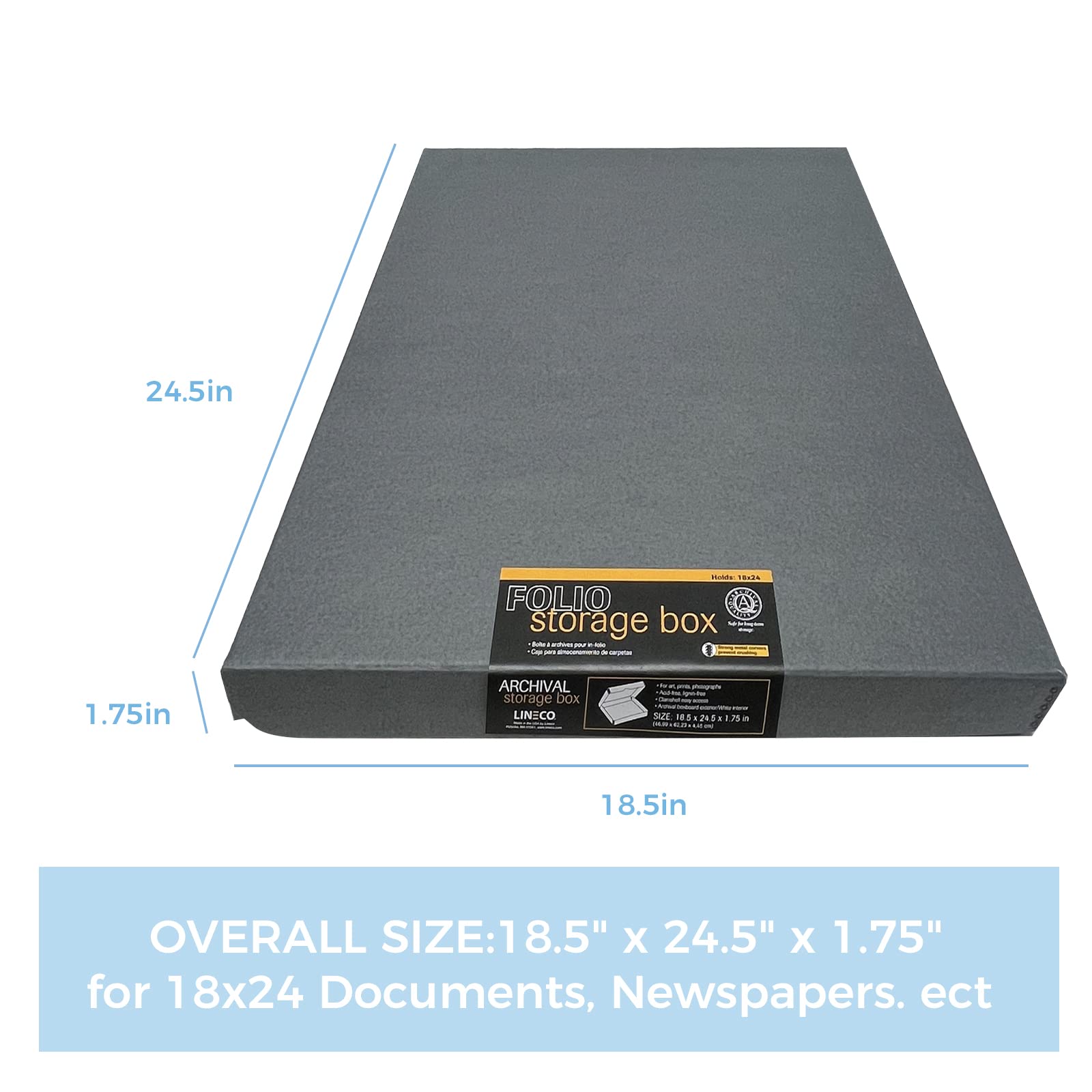 Lineco Folio Storage Box, Clamshell Design With Metal Edge. 18.5X24.5X1.75 Inches, Archival Boxboard, Preserve Photos, Cards, Magazines, Documents, Art, Ephemera, Family Records, Gray, Pack Of 1