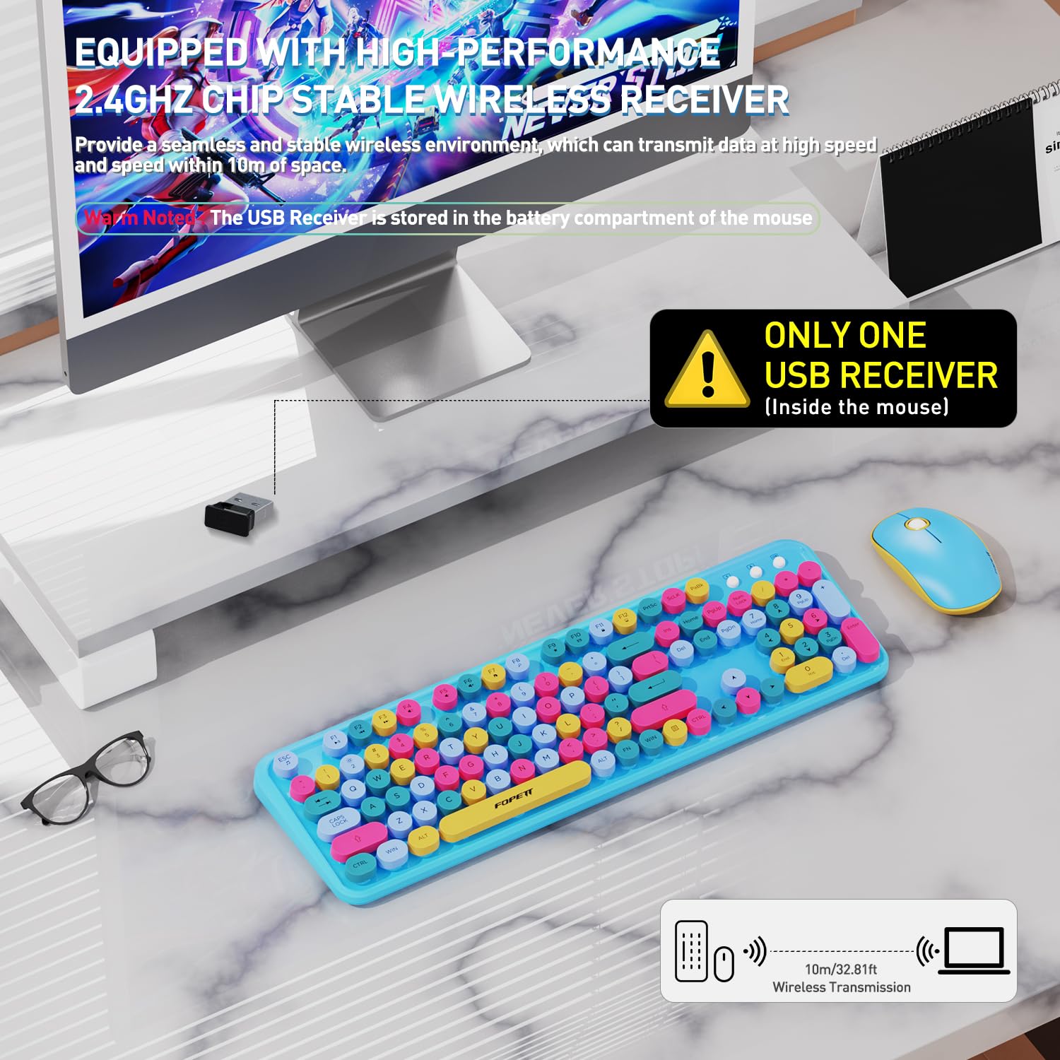 Fopett V2030 Wireless Keyboard And Mouse Combo For Windows, 2.4 Ghz Wireless, Full Sized Keyboard With Optical Mouse, Computer K