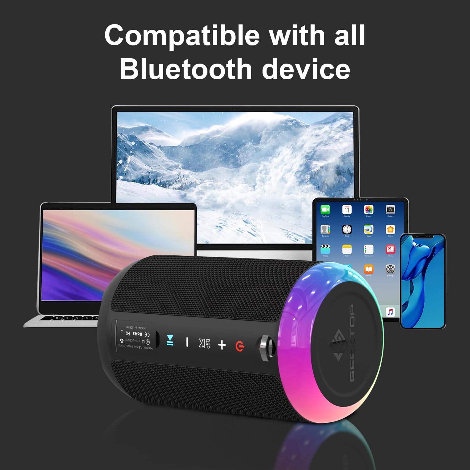 Geektop Portable Bluetooth Speaker, Stereo Sound Wireless Speakers With Ipx7 Waterproof, Led Lights, Dual Pairing Speaker For Party/Home/Outdoor/Beach, Birthday Gift, Black
