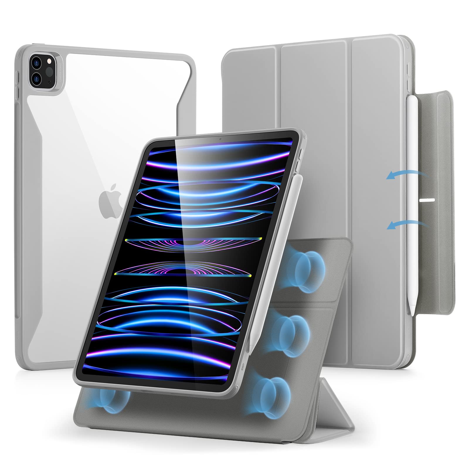 Esr For Ipad Pro 11 Inch Case (2022/2021/2020/2018, 4Th/3Rd/2Nd/1St Generation) With Pencil Holder, Removable Magnetic Cover, Vertical Stand, Rebound 360 Series, Grey