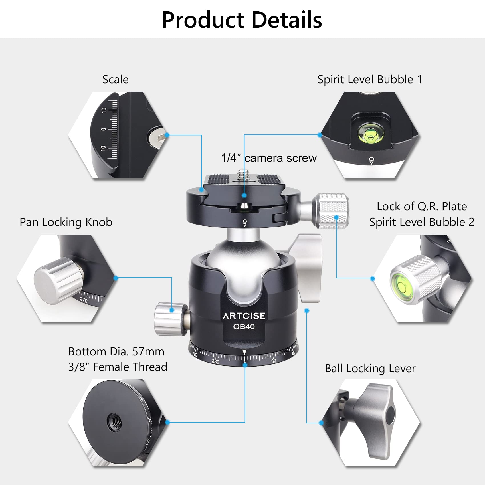 Low Profile Camera Tripod Head With 2 Arca Quick Release Plates 40Mm Aluminium 360 Rotating Panoramic Ball Head Load 44Lbs/20Kg