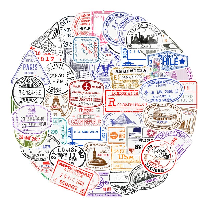 50 Pcs Immigration Stickers Postmark Decals For Water Bottle Laptop Luggage Car Bike Bicycle Helmet Vinyl Waterproof Stamp Stick