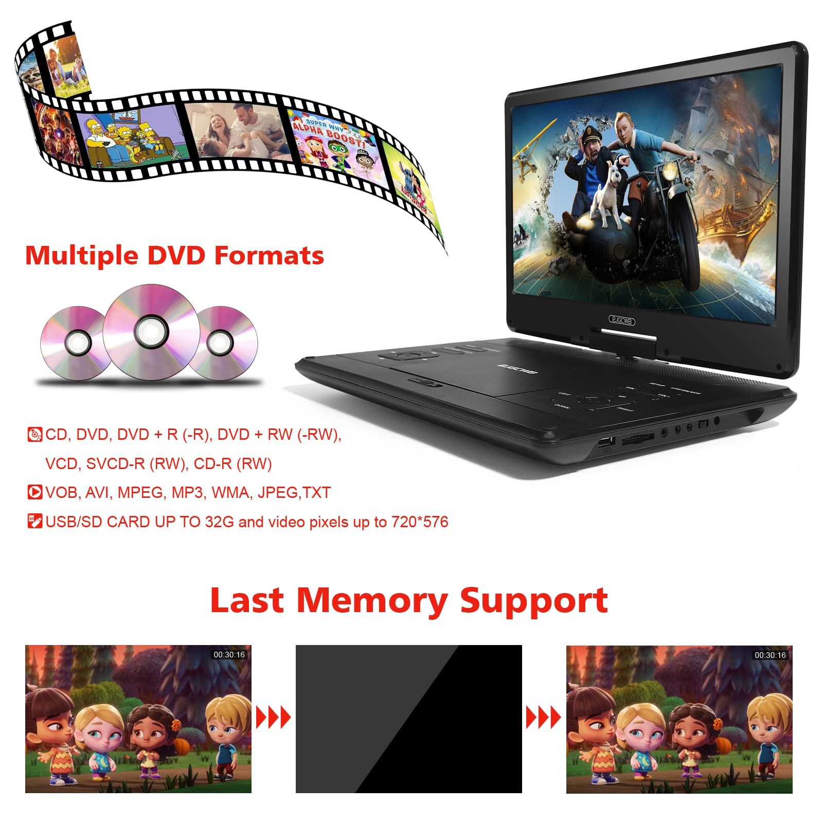 16.9'' Portable Dvd Player With 14.1'' Large Hd Screen,High Volume Speaker,With Extra Carrying Bag,Supports 4 6 Hours Built In B