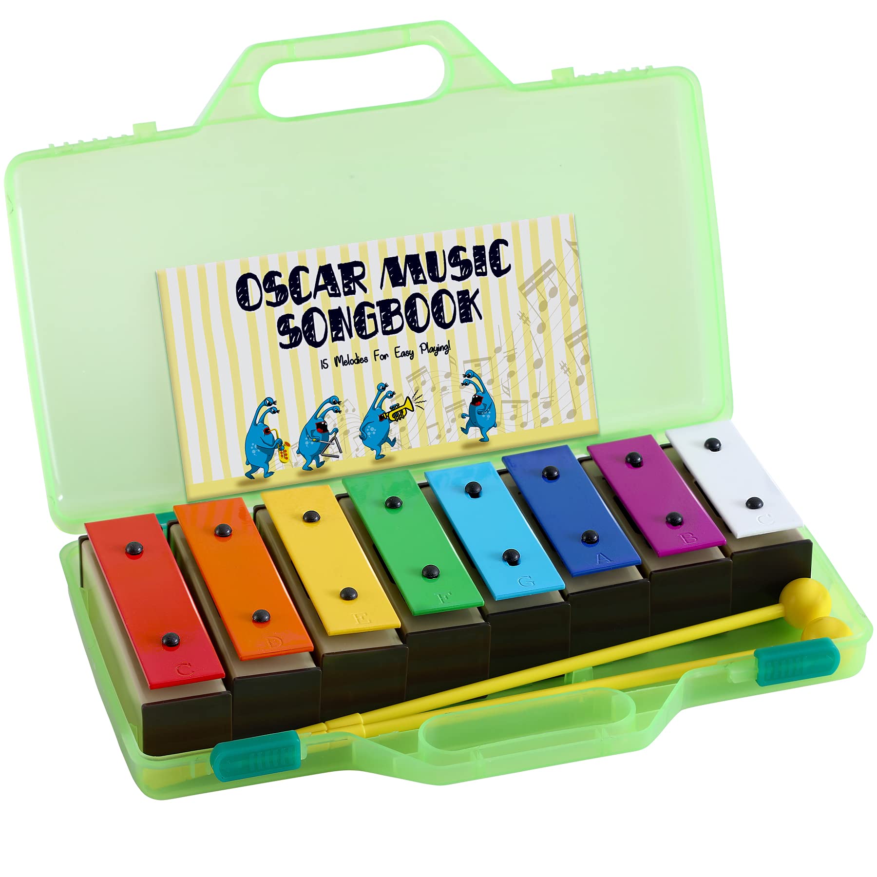 Miniartis Xylophone Glockenspiel 8 Notes Chromatic Resonator Bells For Kids Music Songbook With Green Case Great Holiday Birthda