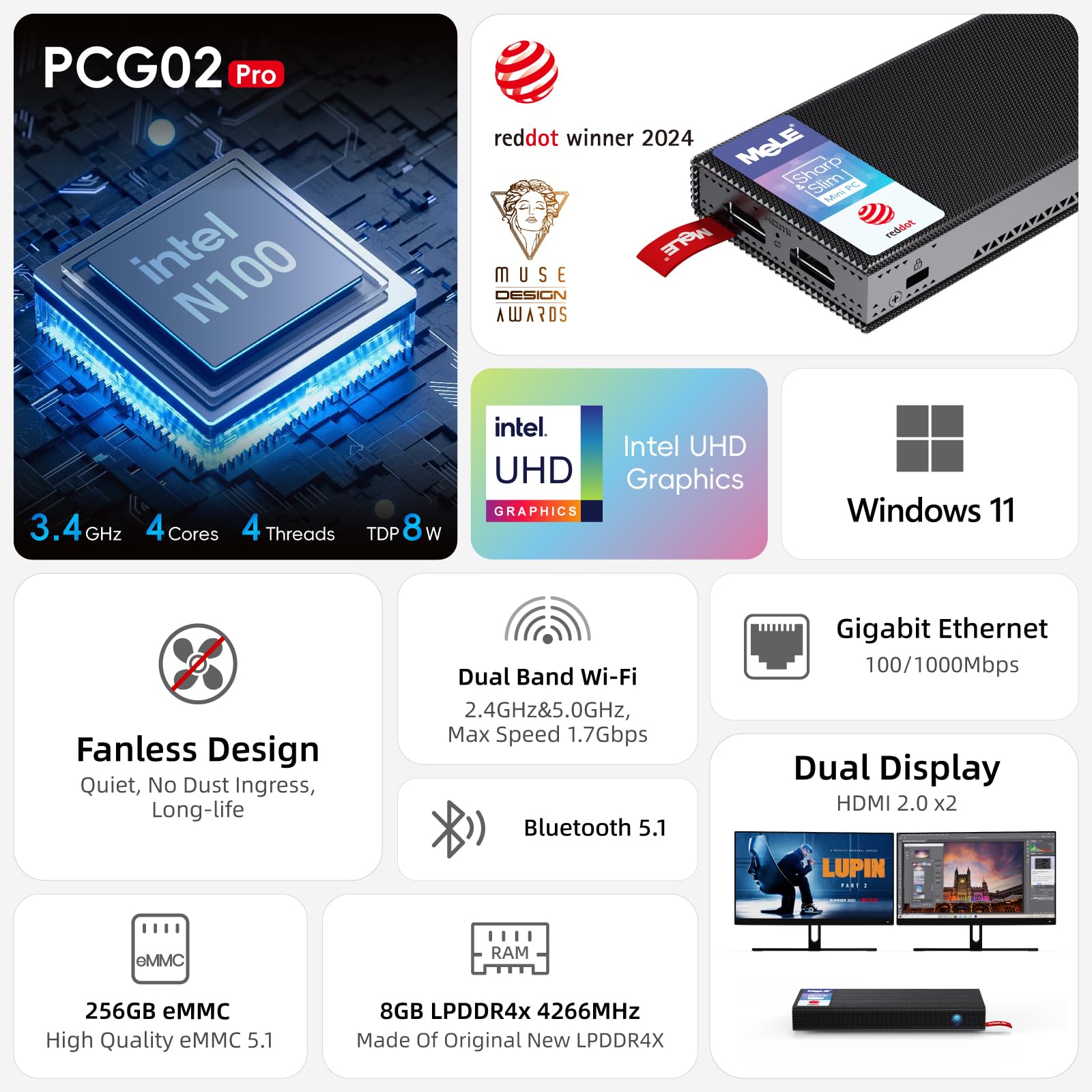 Mele Fanless Stick Pc Pcg02 Pro 12Th N100 8Gb/256Gb, Mini Computer Stick Dual Hdmi 4K 4266Mhz Lpddr4 Wifi5 Gigabit Ethernet Usb