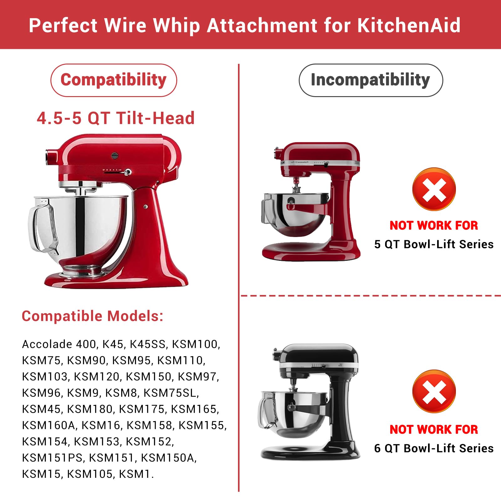 Wire Whip Attachment For Kitchenaid 5 6 Quart Bowl Lift Stand Mixers, K5Aww Wire Whisk Replacement, Egg Heavy Cream Cakes Mayonn