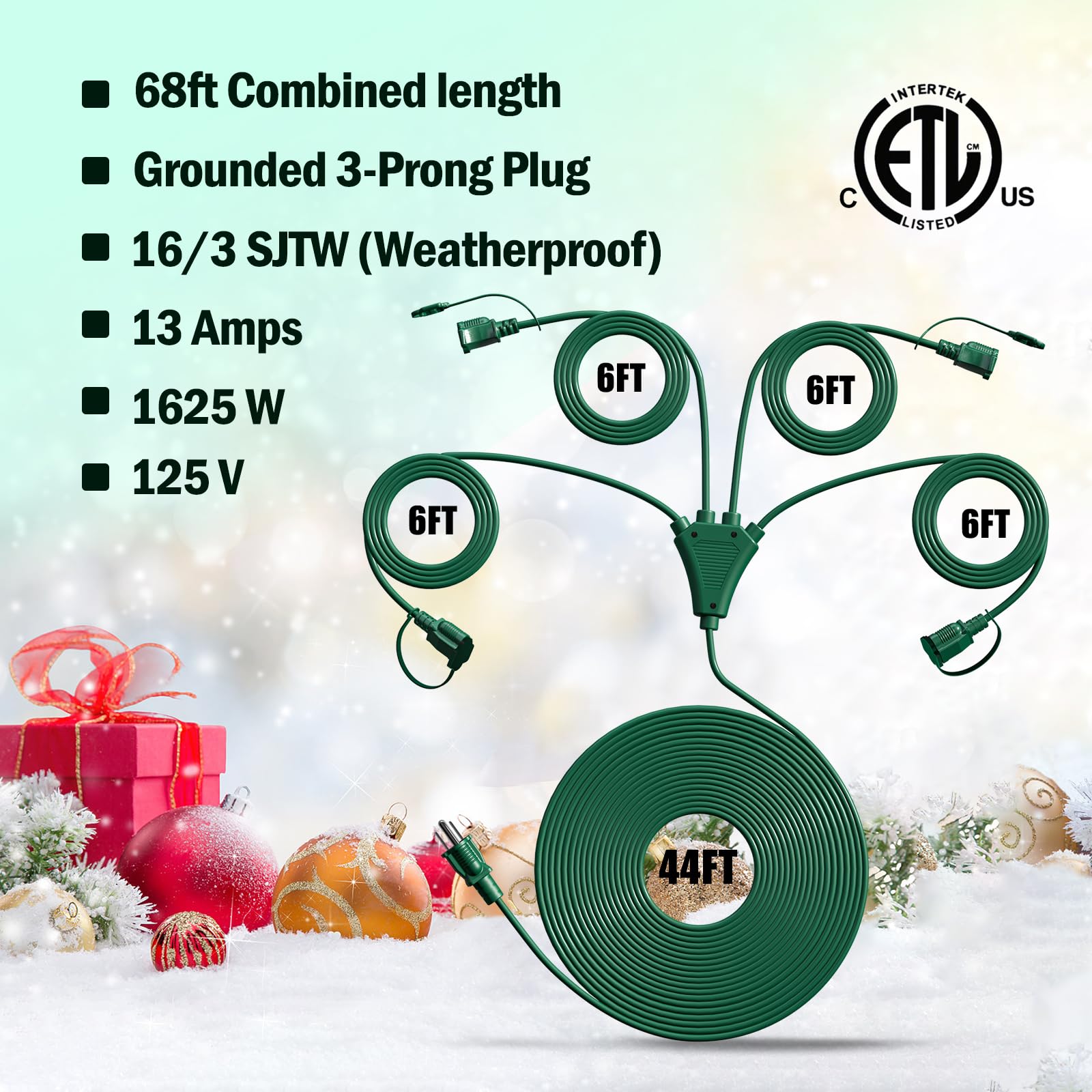 Eversimpleinc 1 To 4 Splitter Extension Cord (Combined 68 Ft, End To End 50 Ft), 3 Prong Plug With 4 Outlets With Weatherproof C