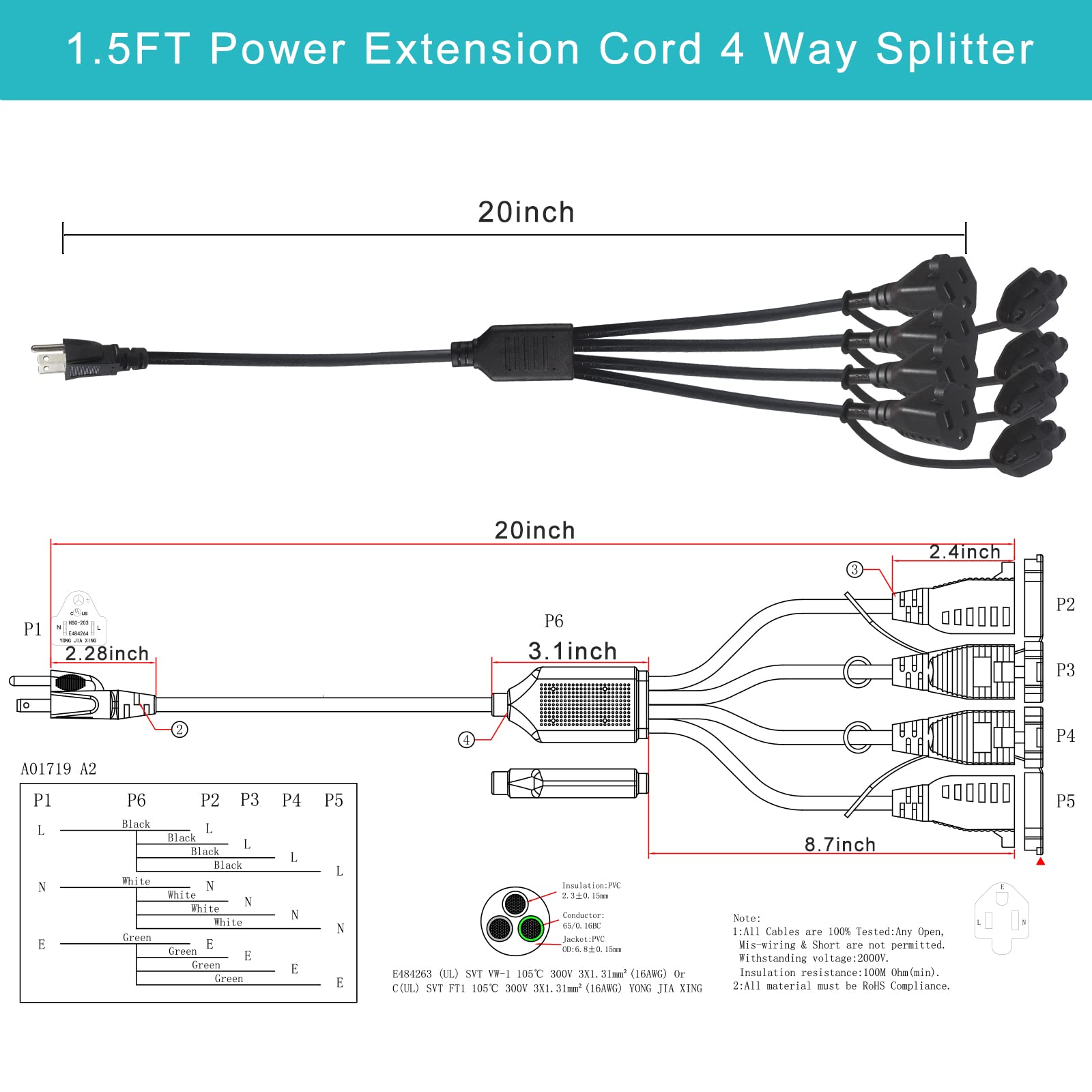 1.5Ft Power Extension Cord 4 Way Splitter  1 To 4 Splitter Outlet Power Cable Black Svt 16 Awg Indoor 3 Prong Extension Cord, 4