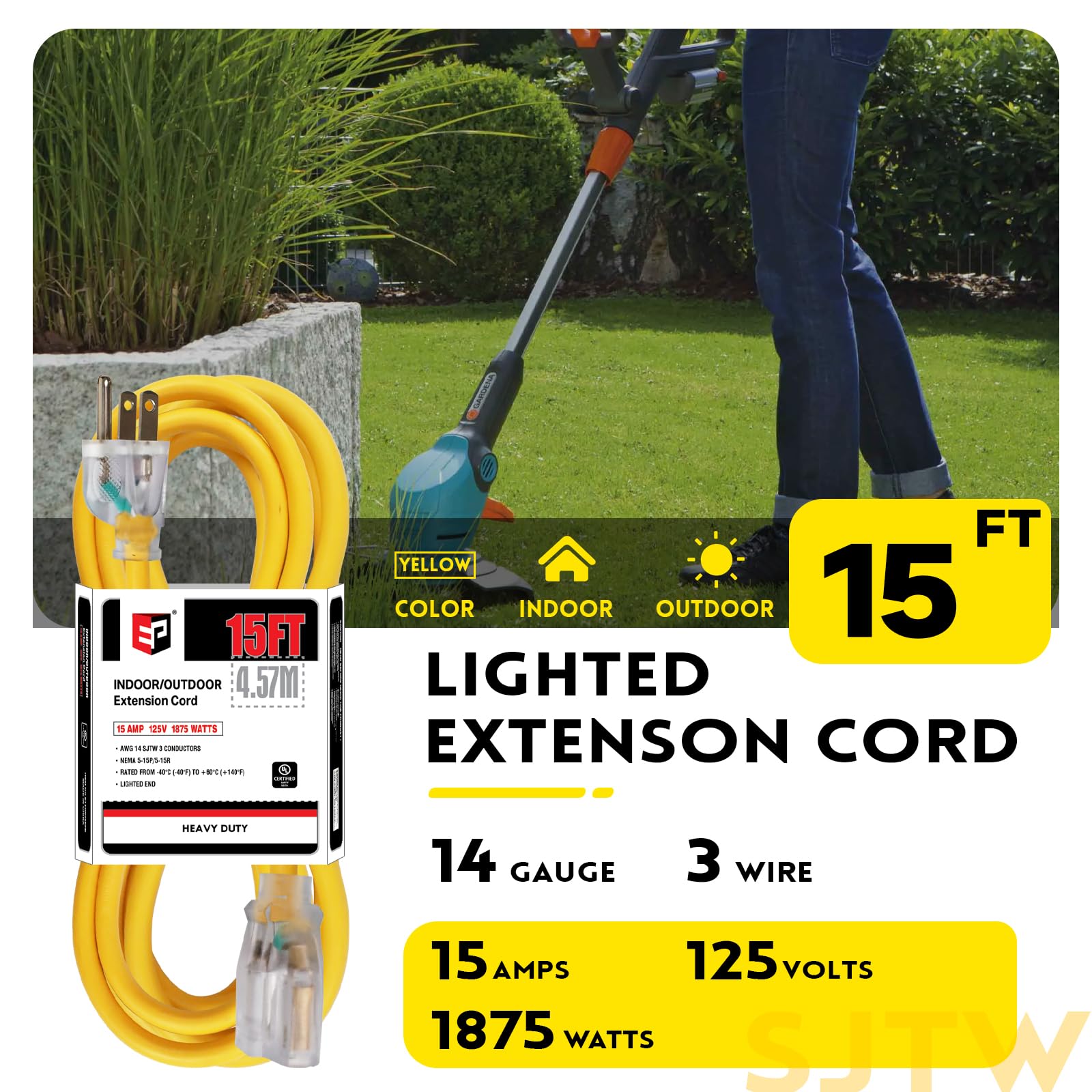 Ep 15 Ft 14/3 Lighted Outdoor Extension Cord   14 Gauge Sjtw Heavy Duty Yellow Extension Cable With 3 Prong Grounded Plug, Great