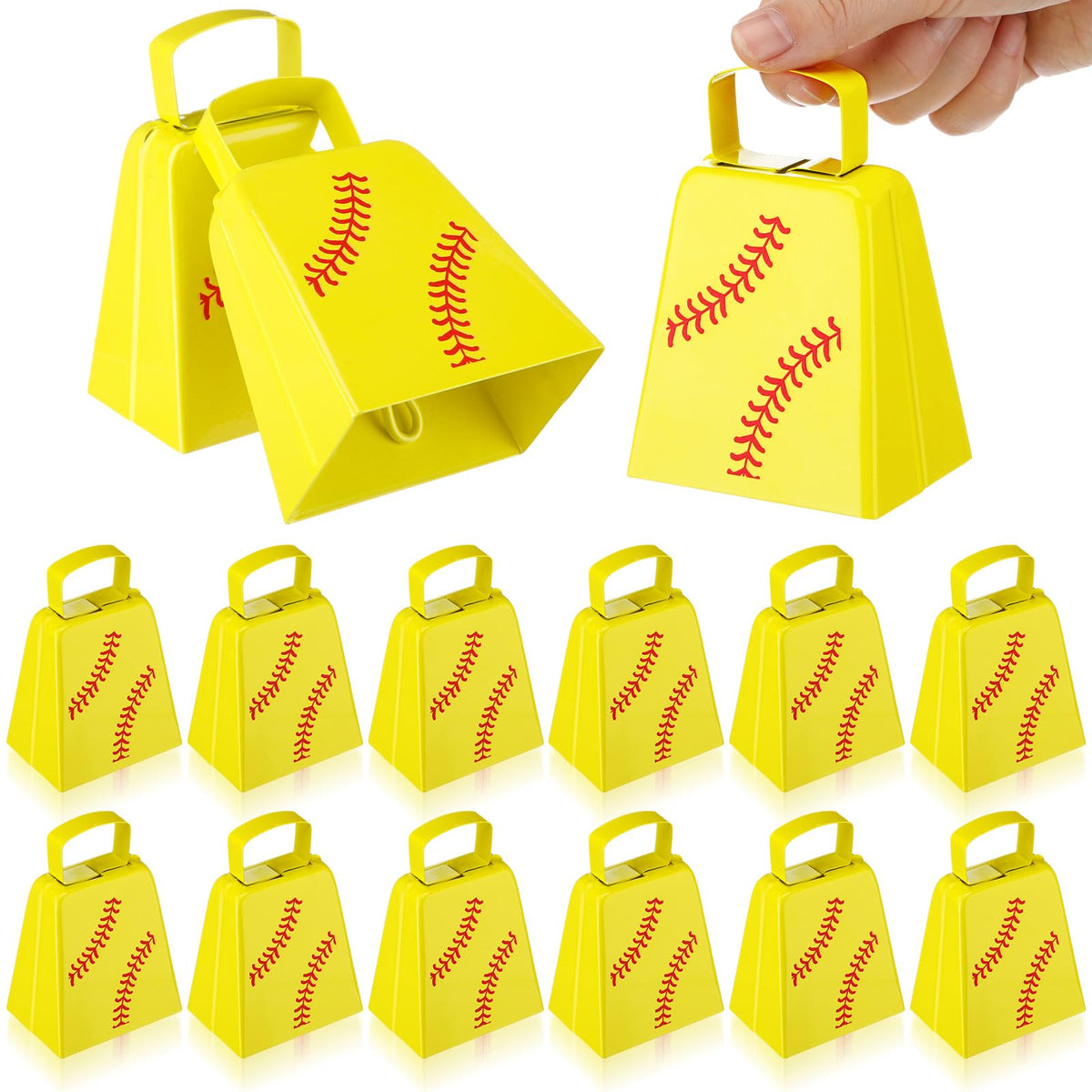 Boao 12 Pcs Softball Cowbells Bulk 4 Inch Metal Cowbells With Handle Novelty Cow Bells Noise Makers Loud Bell Hand Percussion Fo
