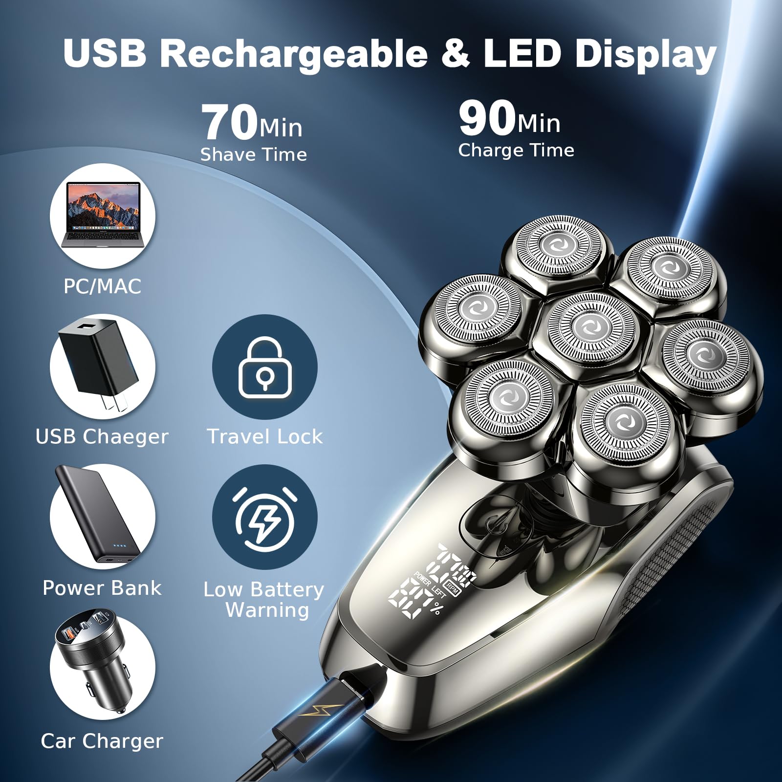 Vylto 7D Head Shavers For Bald Men, Upgrade 5 In 1 Waterproof Electric Razor Men'S Grooming Kit, Detachable Wet/Dry Anti Pinch H