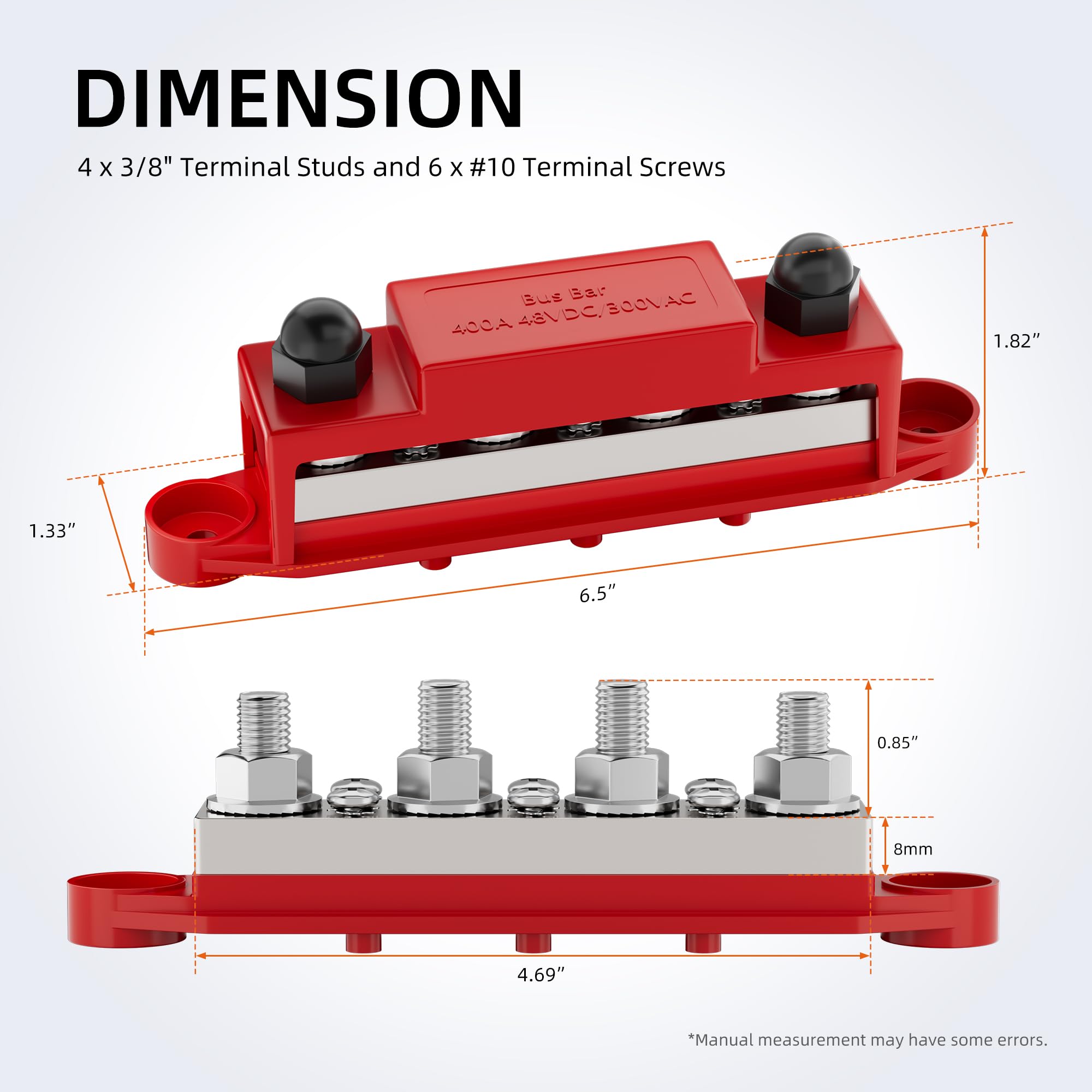 Rvboatpat 400A Power Distribution Block 12V Bus Bar 4 X 3/8'' (M10) Terminal Studs And 6 X #10 Terminal Screws 12 Volt Marine Bu