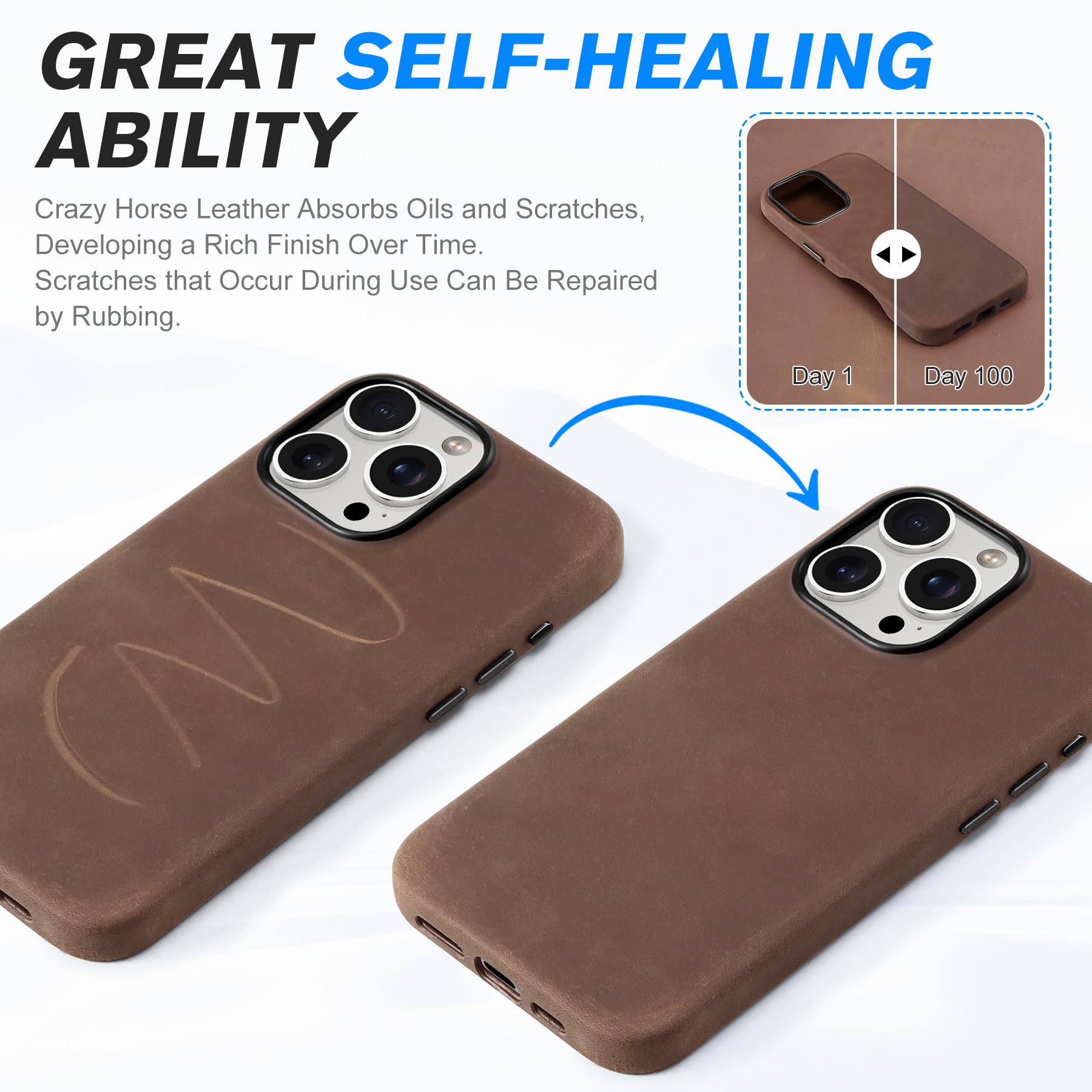 Shieldon Case For Iphone 16 Pro Max 6.9'' 5G, Top Grain Crazy Horse Leather Magnetic Wireless Charging Anti-Scratch Non-Slip Cas