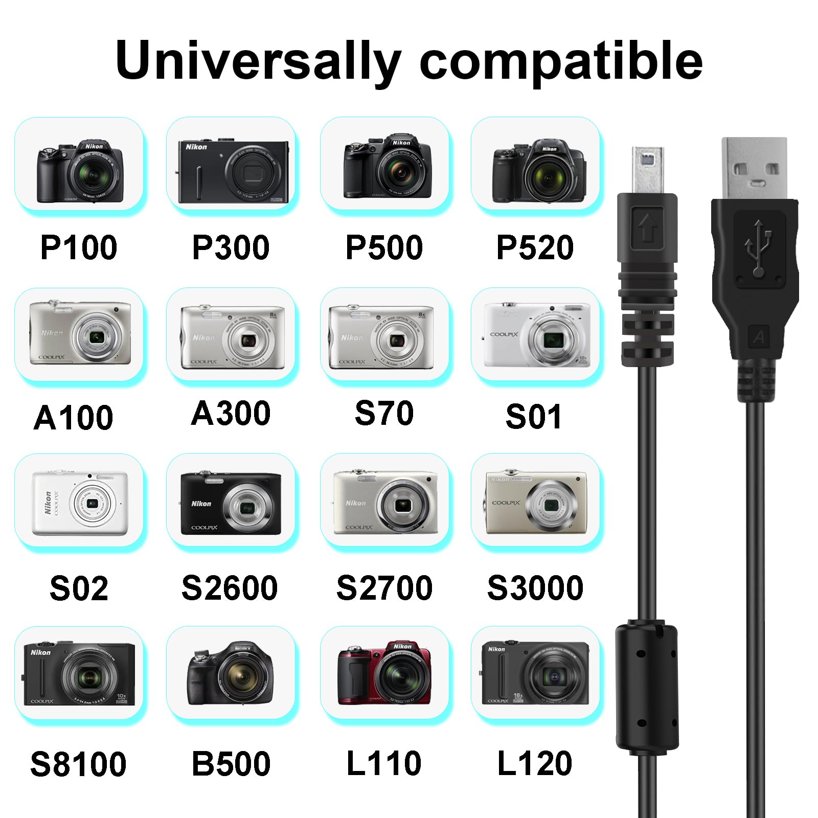 Gneinour Uc E6 Usb Cable For Nikon Coolpix S4000 S3000 S3300 S3700 S6500 S3500 S6600 S6300, P100 P530, Compatible With Nikon Dig