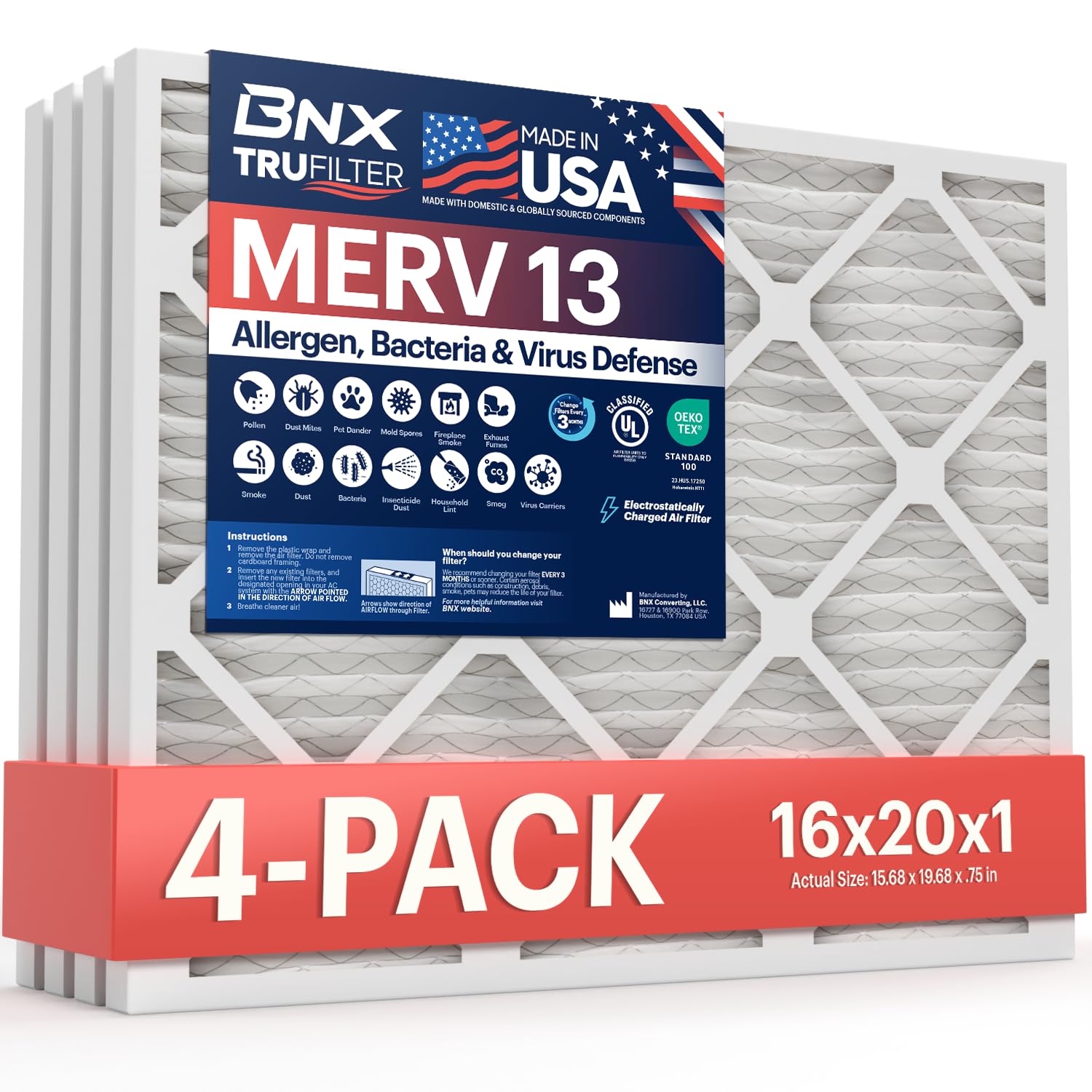 BNX TruFilter 16x20x1 Air Filter MERV 13 (4-Pack) - MADE IN USA - Electrostatic Pleated Air Conditioner HVAC AC Furnace Filters 