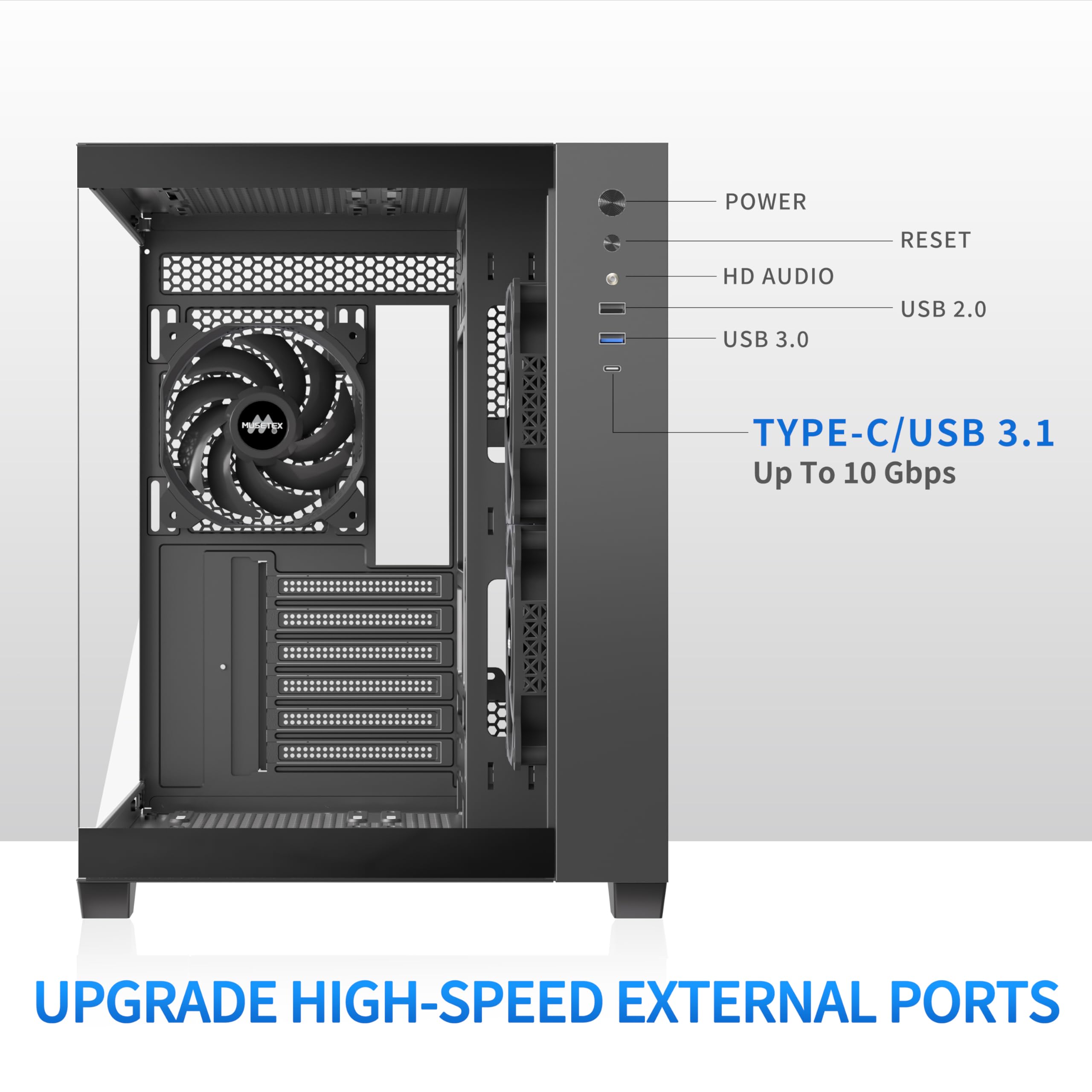 MUSETEX ATX PC Case - 3 x 120mm Fans, 360MM RAD Support, Tempered Glass, Mid Tower, Large Size, Black