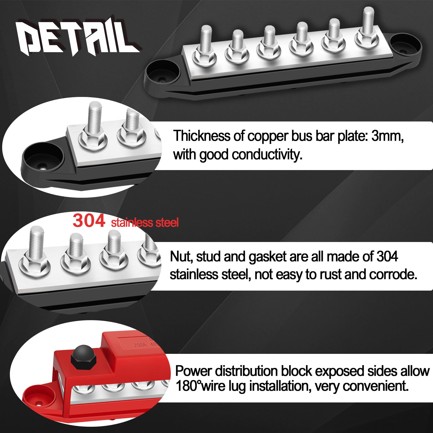 250A Bus Bar 12V Marine 1/4'' Power Distribution Block Automotive Busbar Terminal Block,Battery Buss Bar (Pair, Red & Black) 6 X