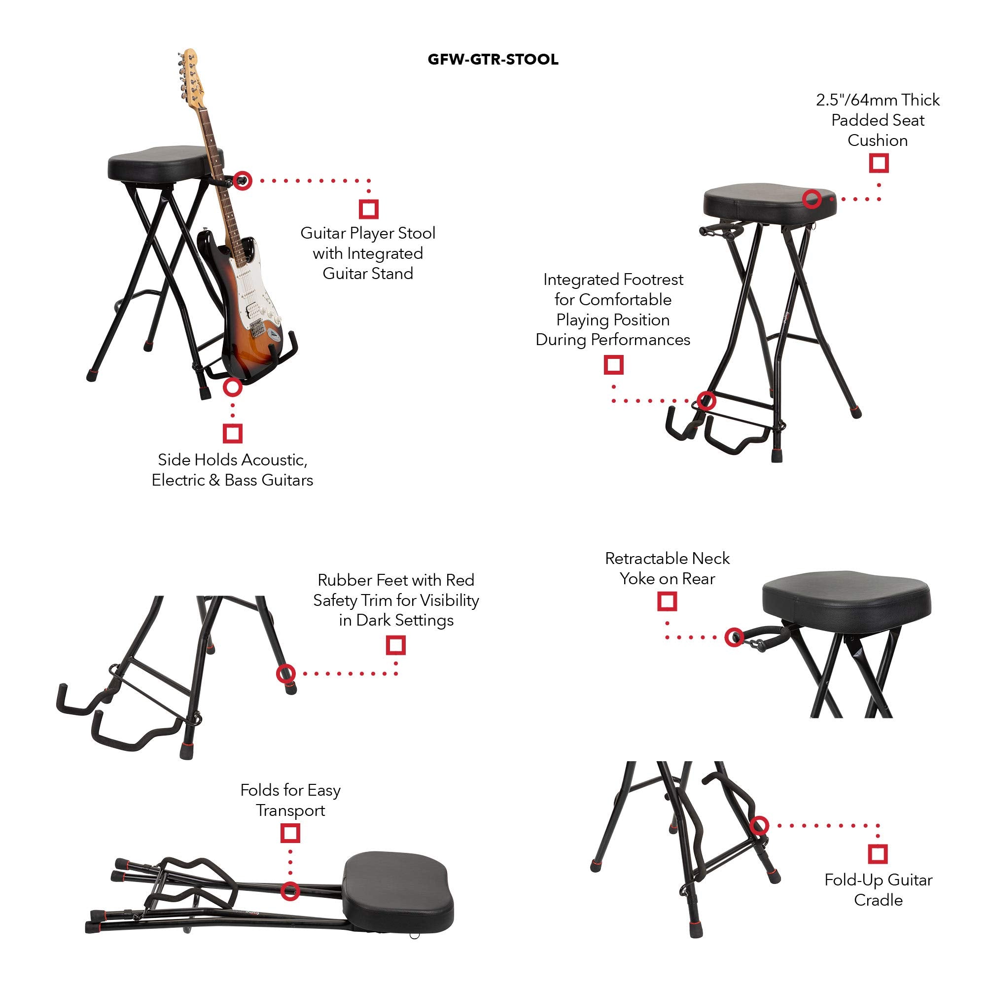 Gator Frameworks Foldable Guitar Stool With Padded Seat And Rear Mounted Guitar Hanger; (Gfw Gtrstool)