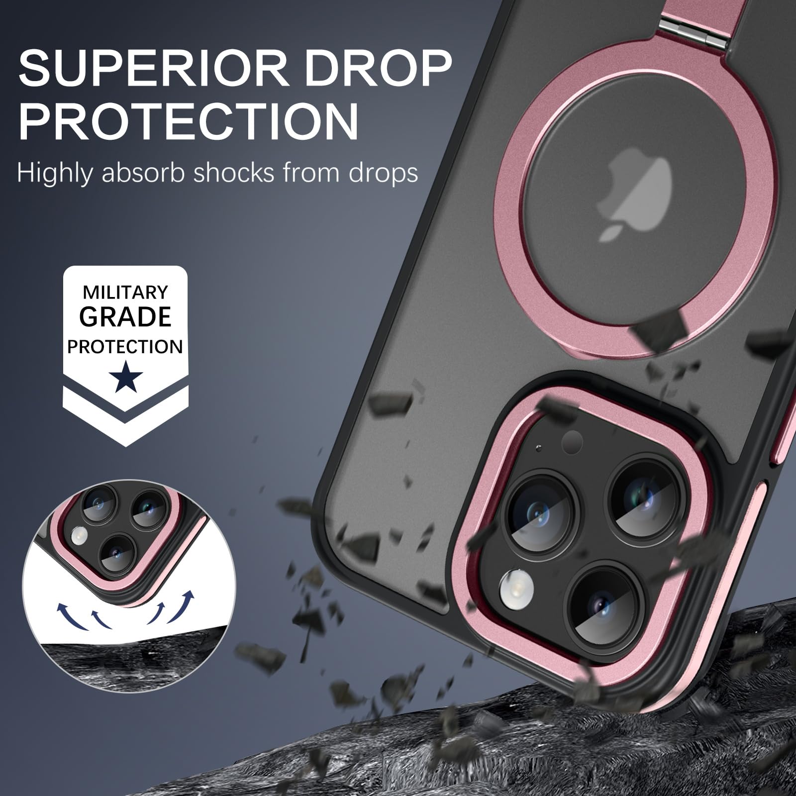 Veningo Iphone 15 Pro Max Case, Magnetic Slim Fit Magsafe Translucent Matte Car Mount Supported Foldable Ring Holder Kickstand S