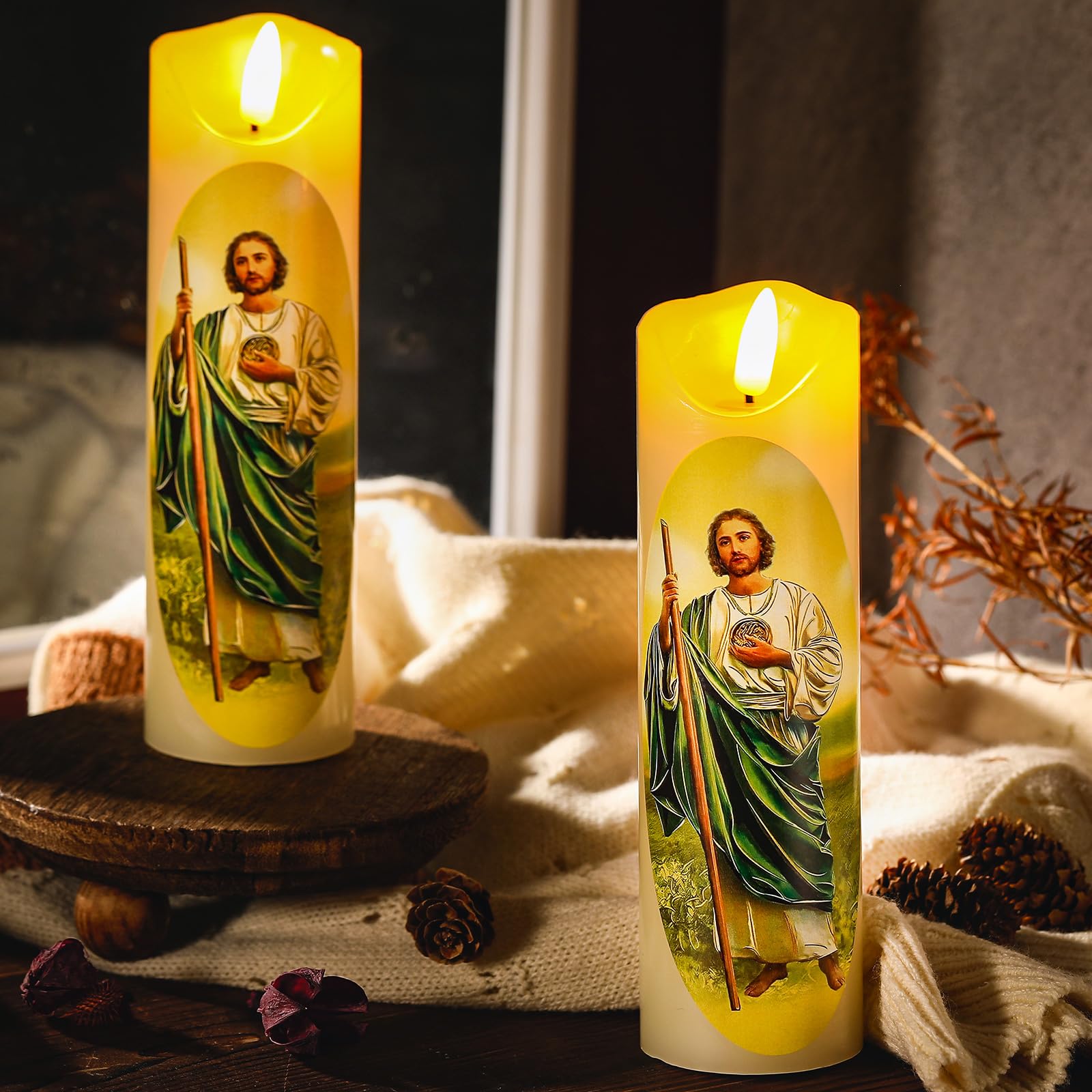 Baquler 2 Pcs Religious Flameless Led Prayer Candle Real Wax Baptism Set Devotion Candles Religious Decoration Gift For Home And