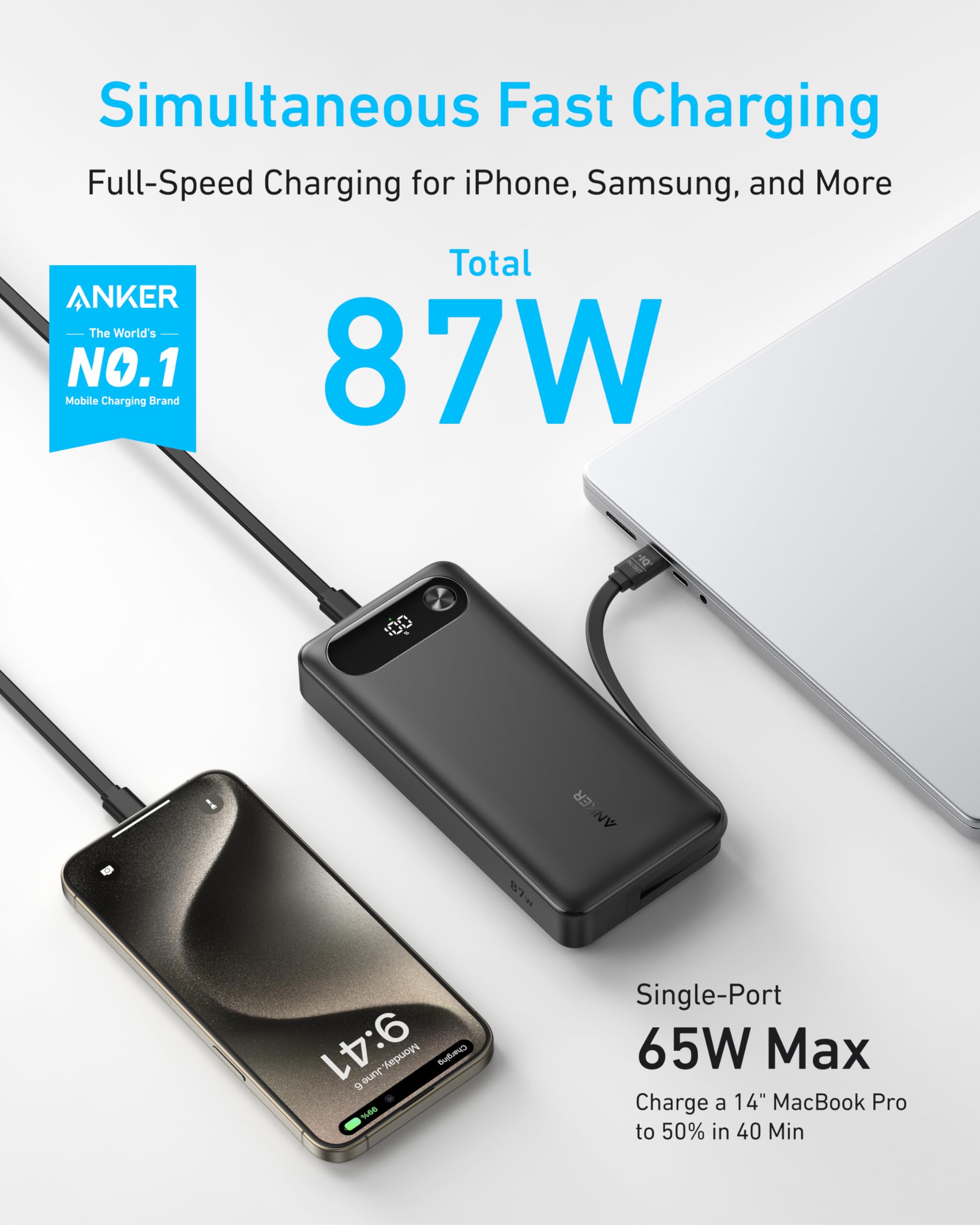 Anker Power Bank, 20,000Mah Travel Essential Portable Charger With Built-In Usb-C Cable, 3-Port 87W Max Fast Charging Battery Pa