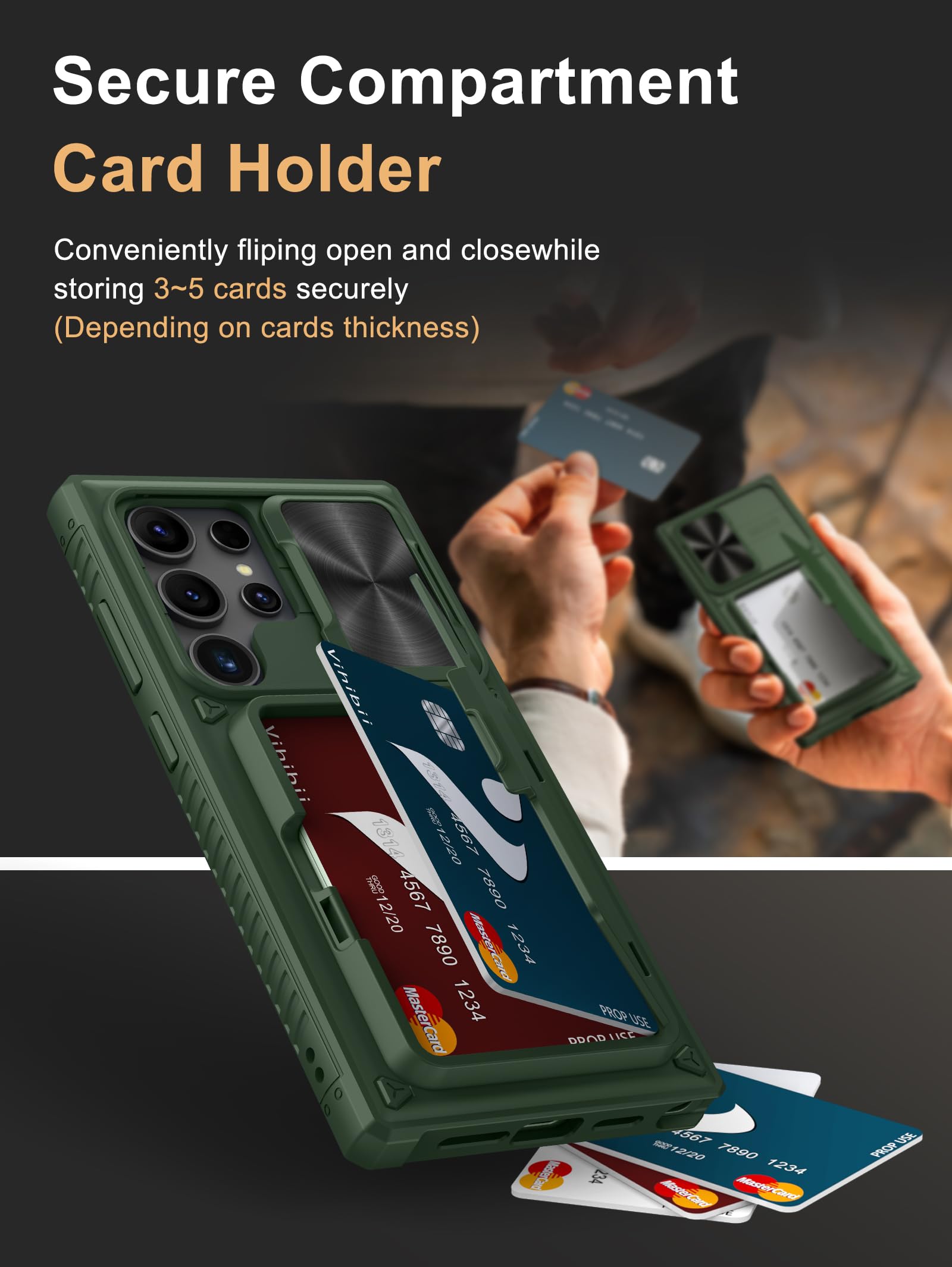 Vihibii For Samsung Galaxy S24 Ultra Case With Card Holder (4 Cards) & Slide Lens Cover & Kickstand & Raised Edges Protect Scree