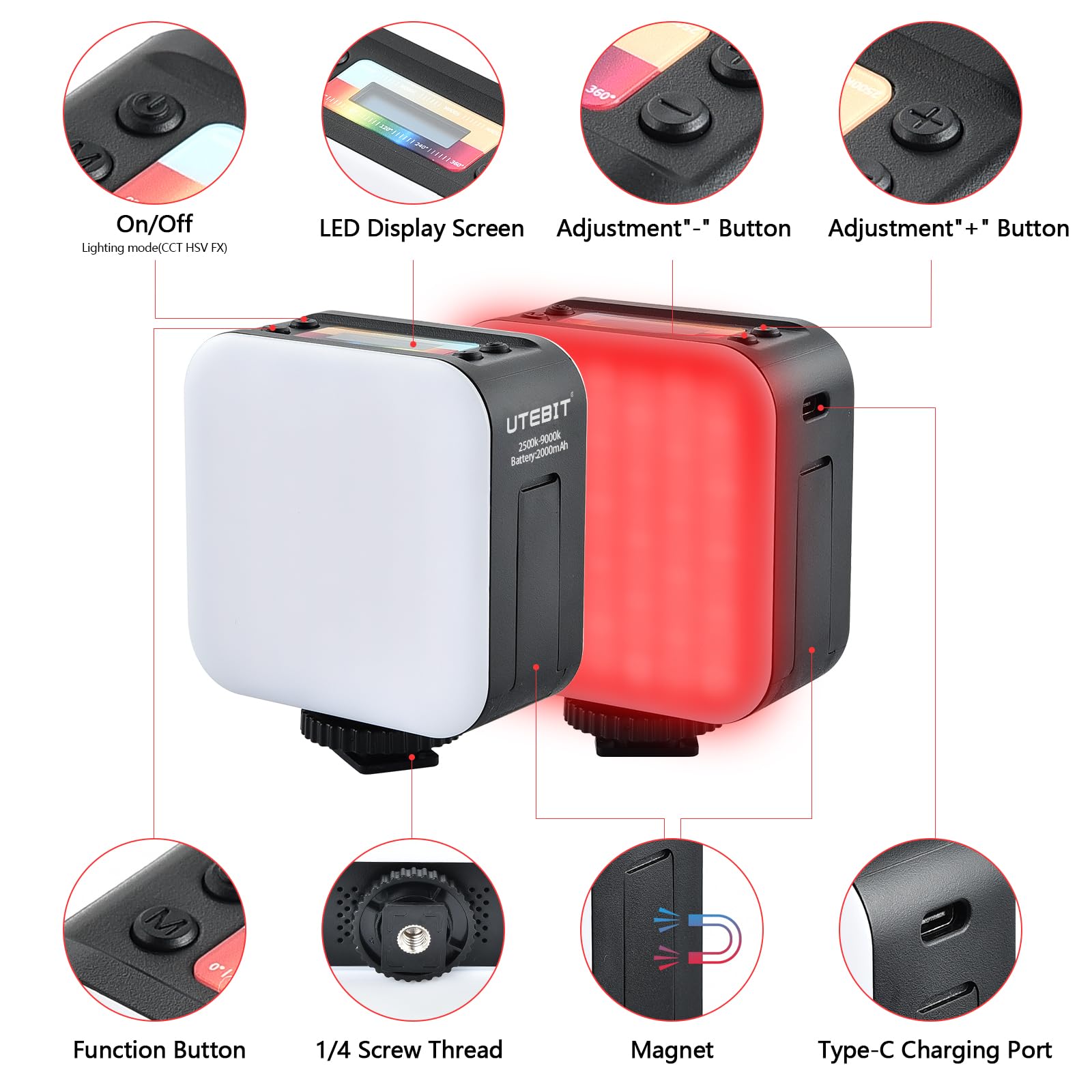 Utebit Magnetic Rgb Video Light, Colorful Led Camera Lights With Mini Ball Head/2500K 9000K/2000Mah Rechargeable Portable Photog