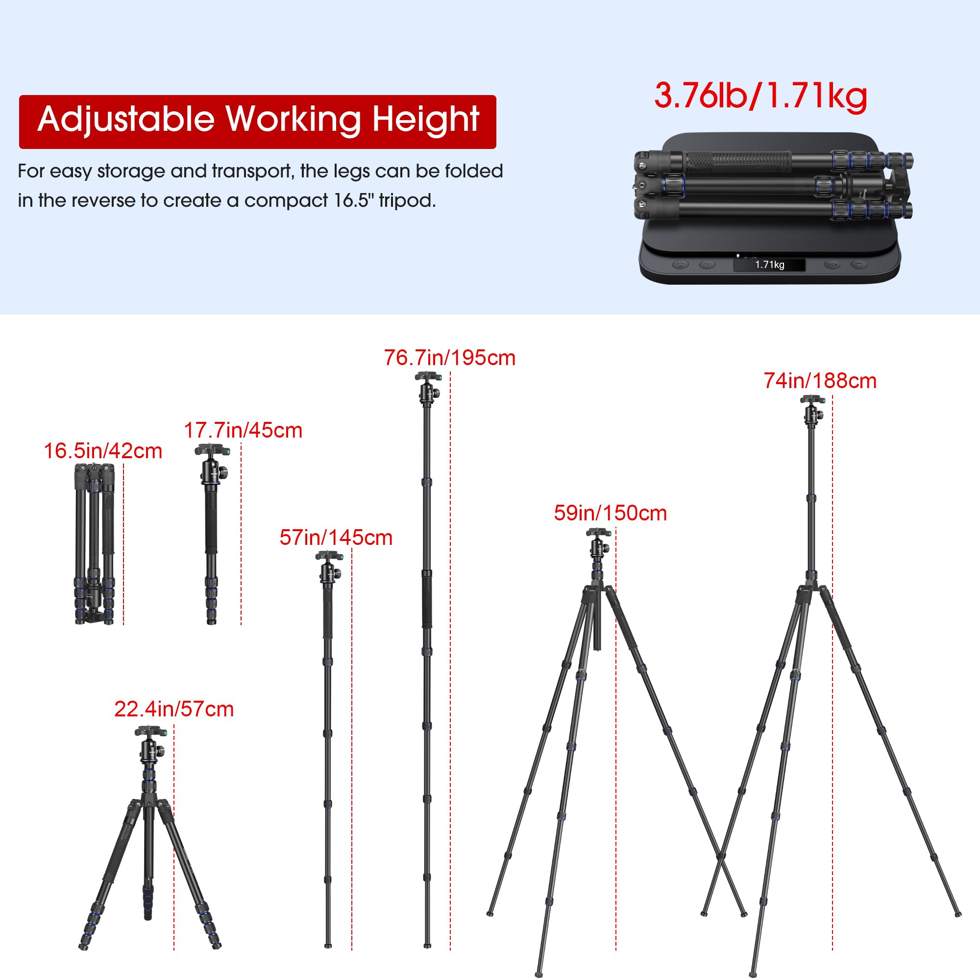 Camera Tripod, Manbily 74' Aluminum Travel Tripod Monopod Stand For Camera Dslr Phone, 360� Ball Head W Handle And Extra 1/4' Qr Plate, Payload 17.6Lbs, Compatible With Canon Nikon Sony