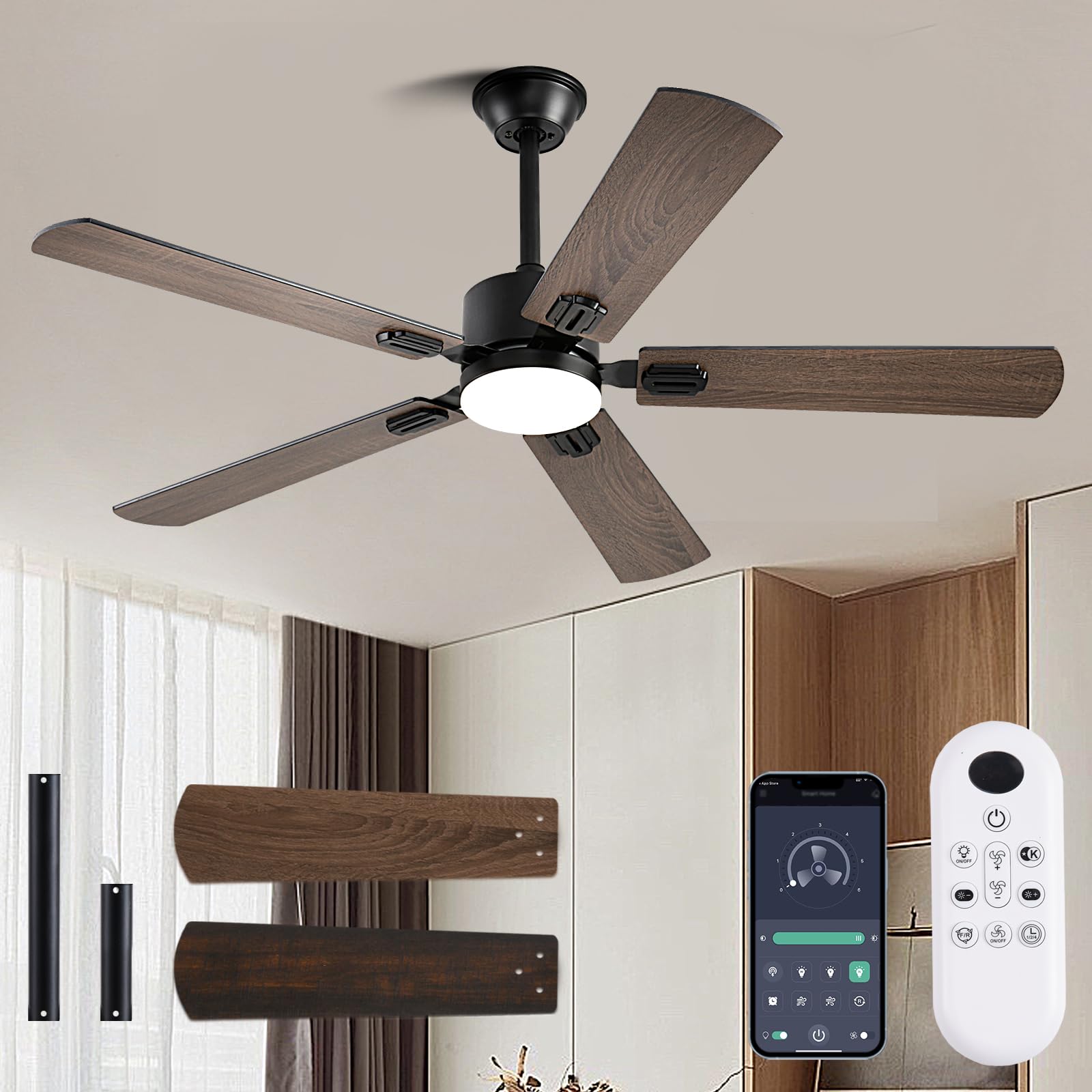 56Inch Ceiling Fans With Lights And Remote/App Control, Dc Reversible Motor, Noiseless, Dimmable, Low Profile Modern Ceiling Fan