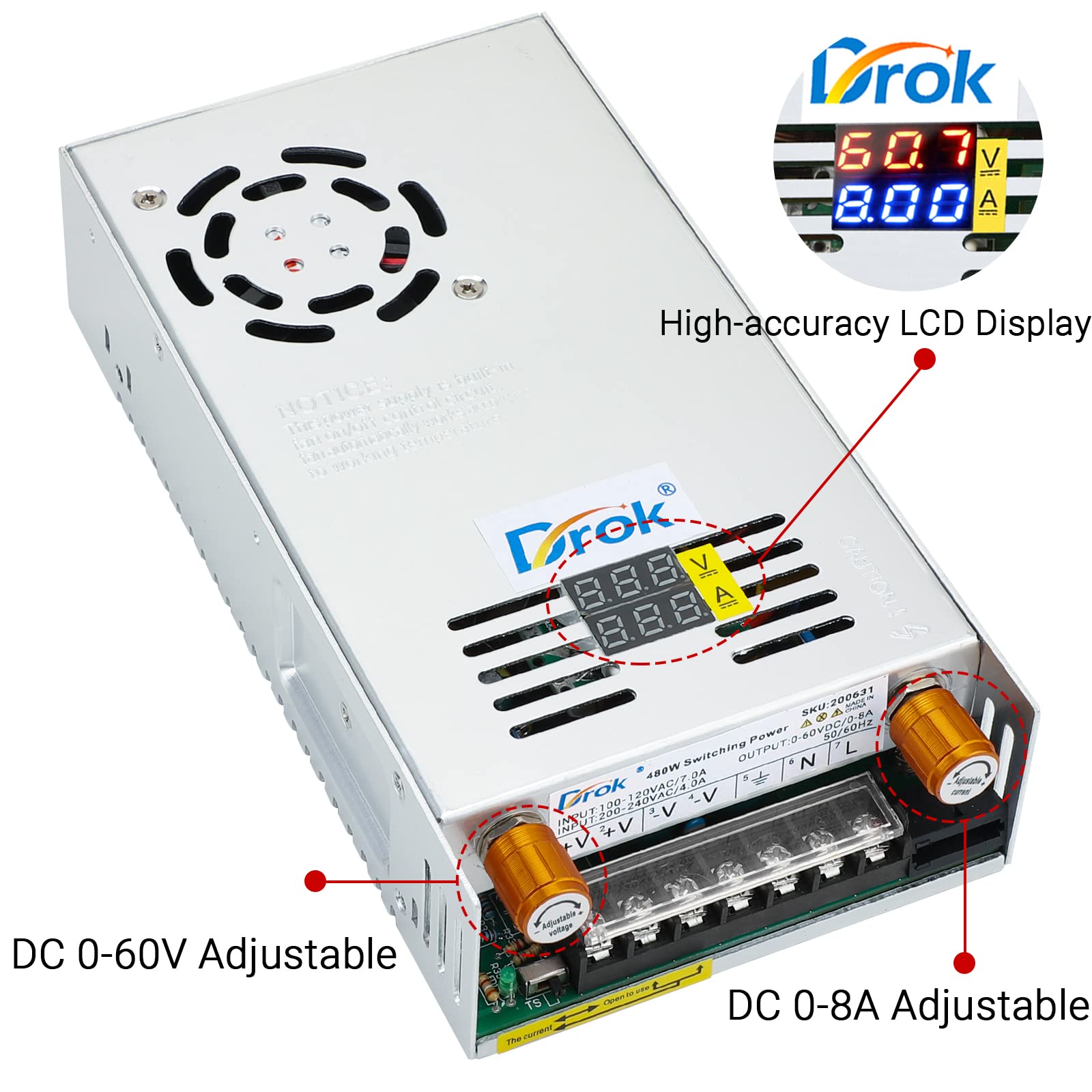 Drok 60V Power Supply, Ac 110V 220V To Dc 0 60V 0 8A 480W Buck Converter, Amp Adjustable Adapter Regulated 12V 24V 36V 48V 60Vol