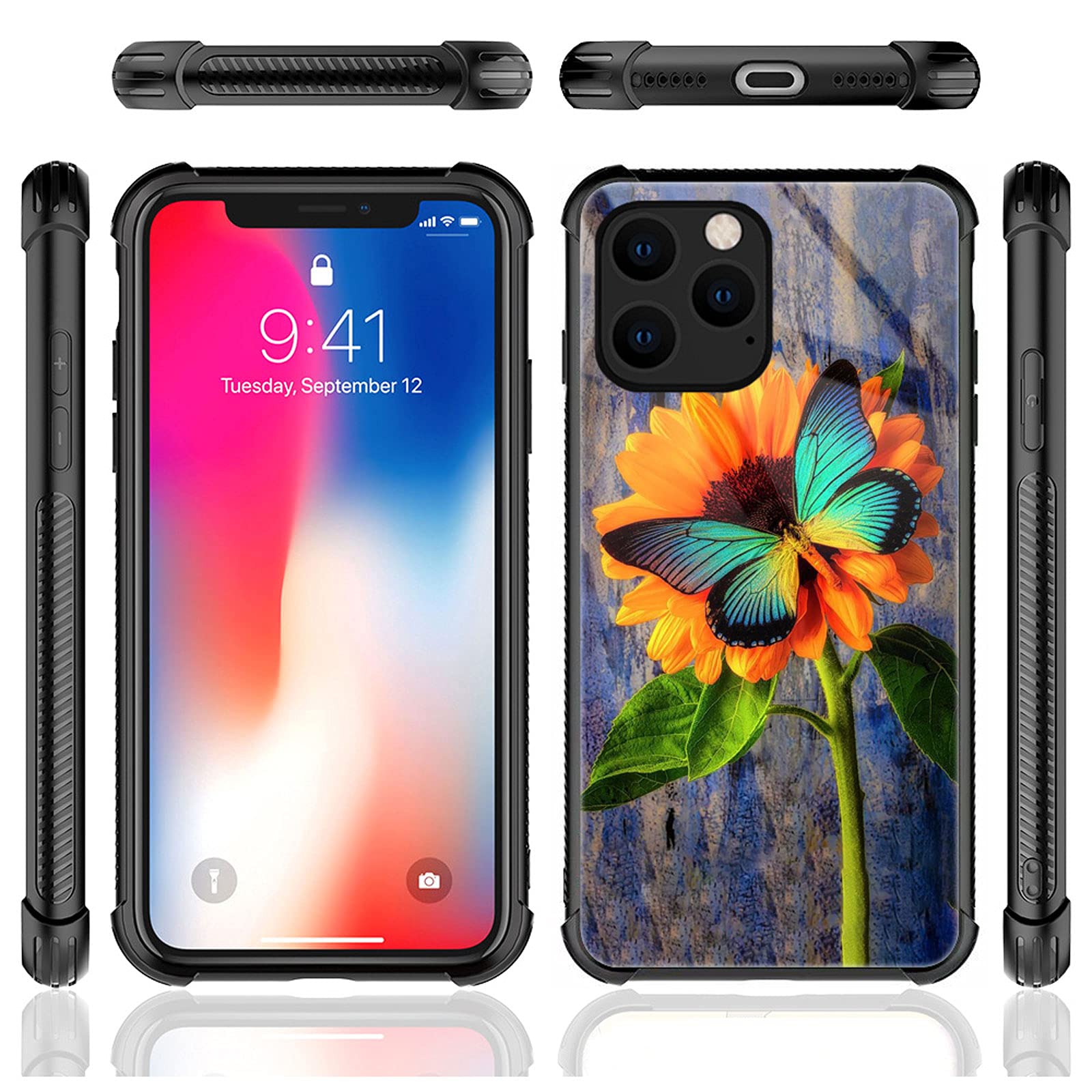 CARLOCA iPhone 13 Case Shockproof Anti-Scratch Drop Protection Sunflower Butterfly Graphic Polycarbonate