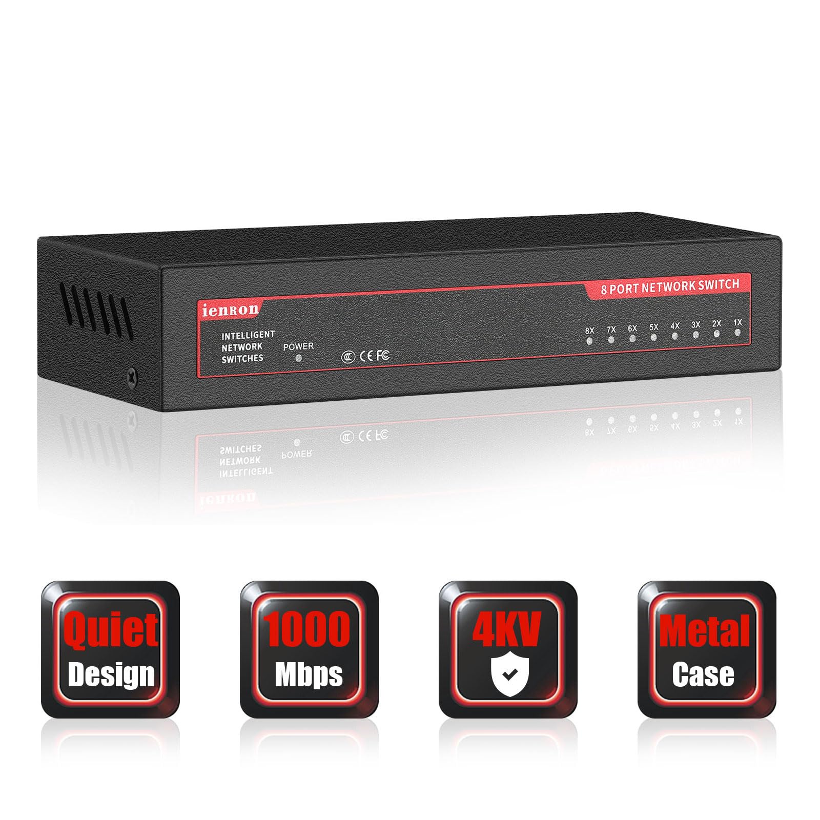 Ienron 8 Ports Gigabit Ethernet Switch,Unmanaged Network Switch With Metal Case, | Plug & Play | Fanless&Shielded Ports | Traffi
