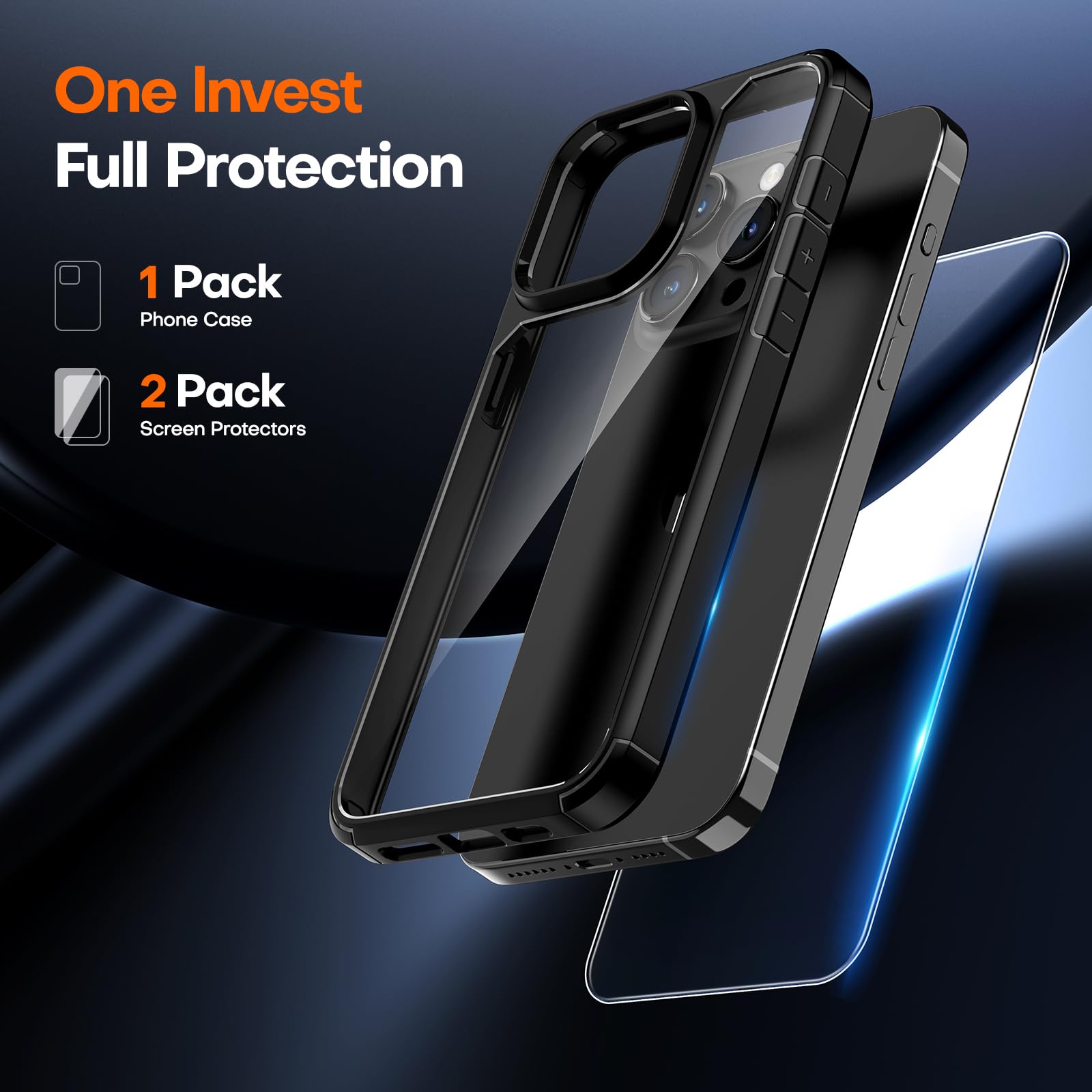 Tauri 3 In 1 For Iphone 15 Pro Case, [Not Yellowing] With 2X Screen Protector, [Military Grade Drop Protection] Shockproof Slim
