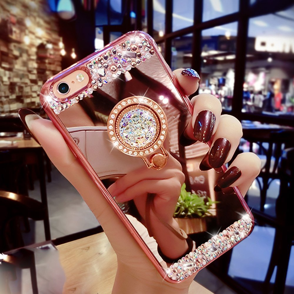 Lozeguyc Case For Iphone 8 Plus,Luxury Crystal Rhinestone Soft Rubber Bling Diamond Glitter Mirror Makeup Case For Iphone 7 Plus