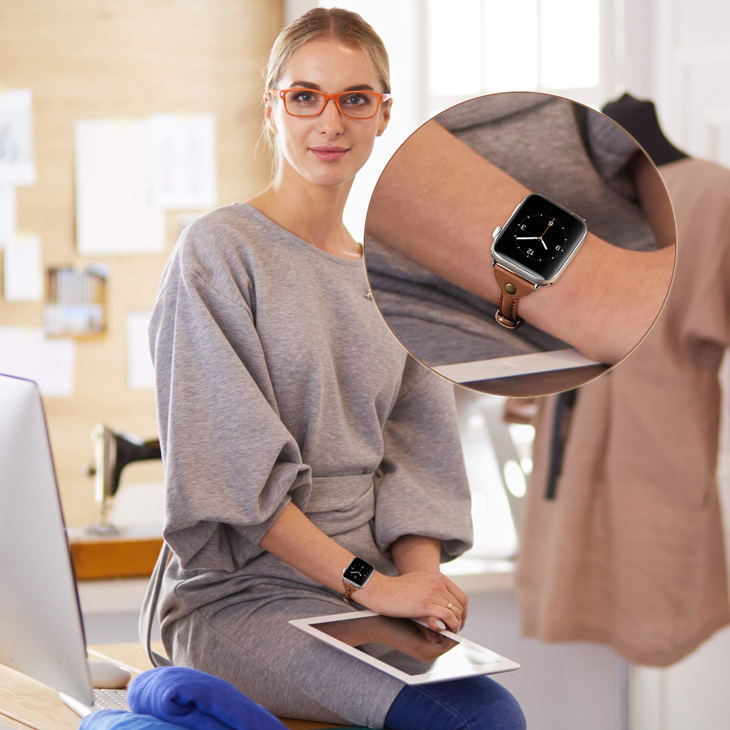 Wearlizer Brown Slim Leather Compatible With Apple Watch Bands 38Mm 40Mm 41Mm For Iwatch Se Womens Mens Strap Classic Simple Wri