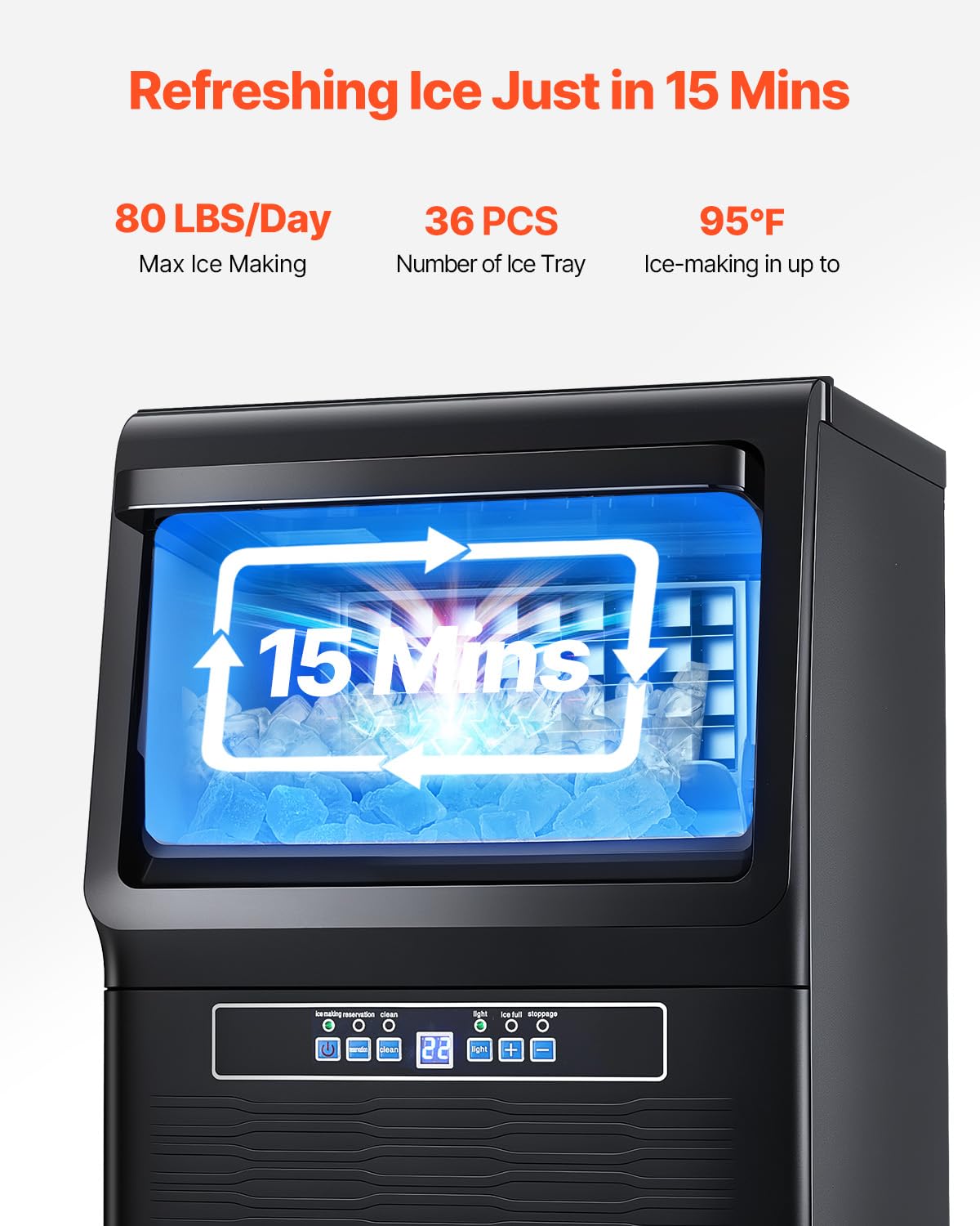 Vevor Commercial Ice Maker Machine, 80Lbs/24H Ice Maker Machine With 12Lbs Storage Capacity, 36 Ice Cubes In 15 Minutes, Led Dig