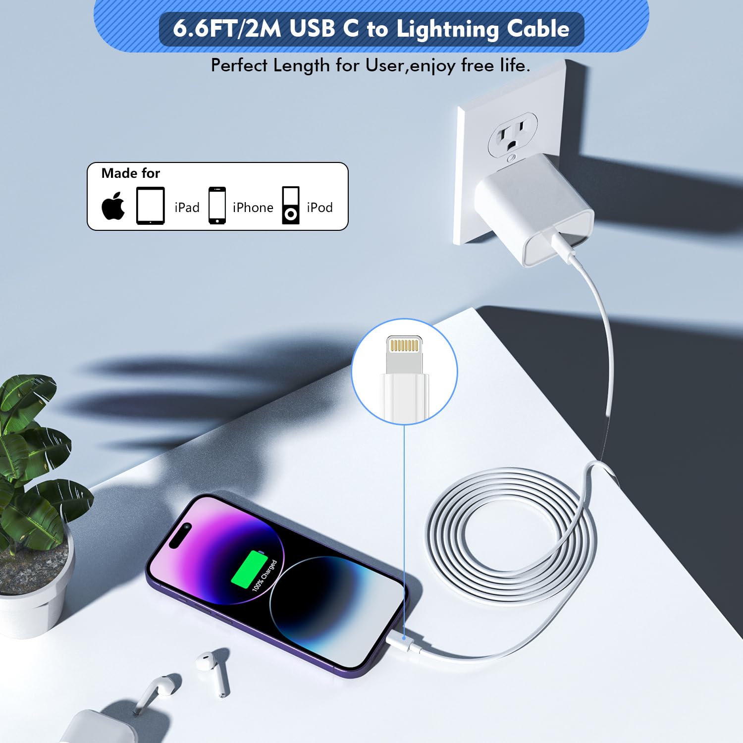 Long Apple Iphone Fast Charger [Apple Mfi Certified] 2Pack Pd Type C Wall Charger Fast Charging Apple Adapter 6.6Ft Usb C To Lig