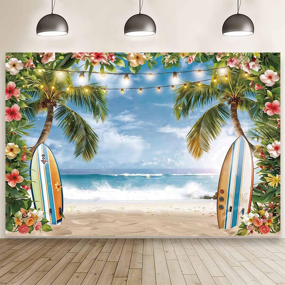 MEHOFOND 7x5ft Summer Hawaiian Beach Photography Background Tropical Luau Photo Backdrop Sky Ocean Palm Tree Surfboard Summer Ho