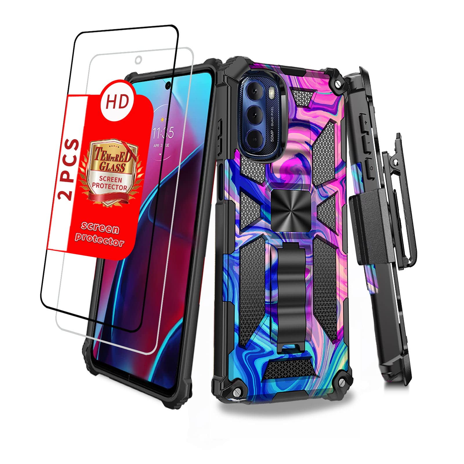 Akimcaliu Military Grade Moto G Stylus 5G 2022 Case   Pink Camo, Shockproof, Built In Screen Protector, Stand & Belt Clip
