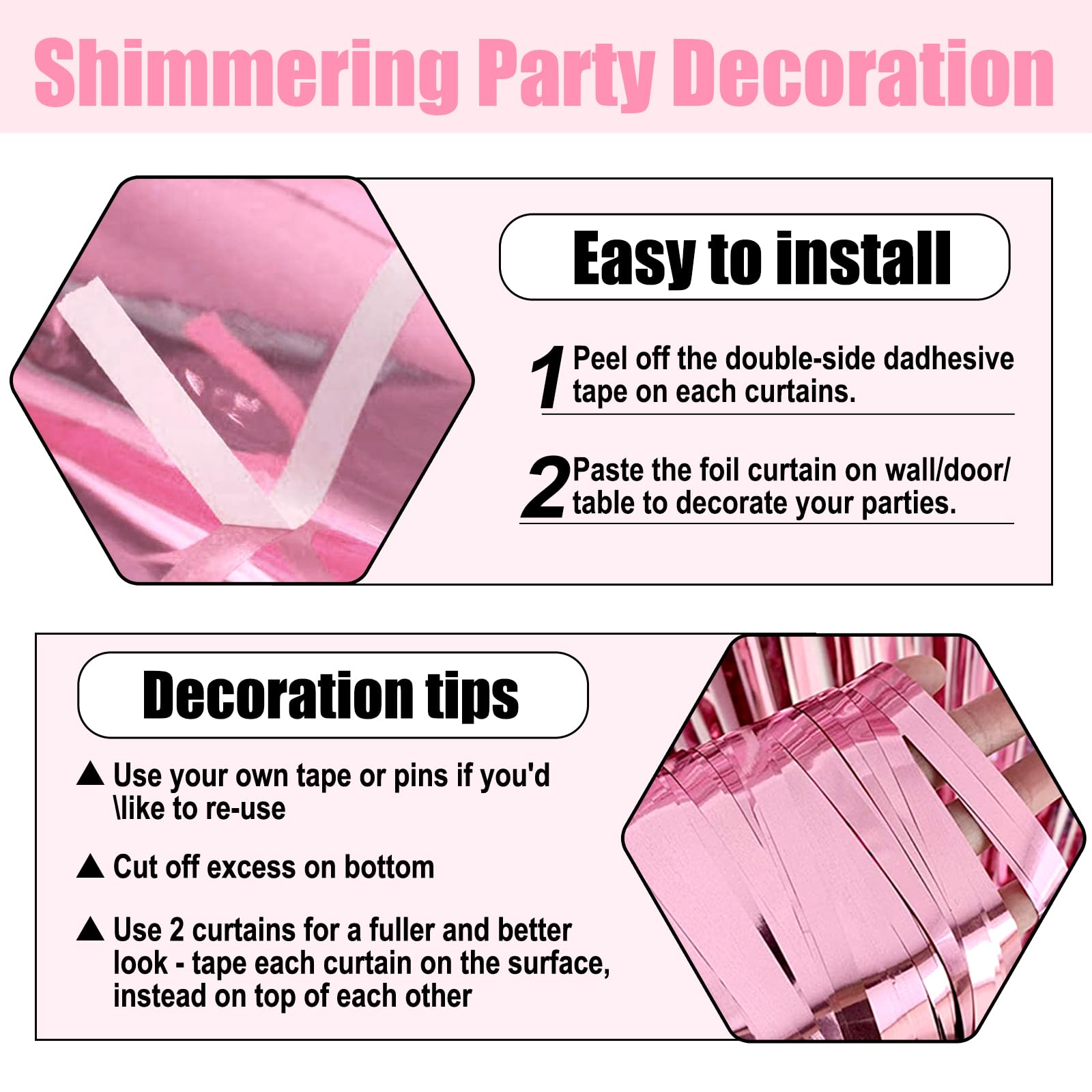 3 Pack Pink Foil Fringe Curtain Backdrop, 3.28Ft X 8.2Ft Metallic Tinsel Foil Fringe Streamer Curtains For Photo Booth, Christma