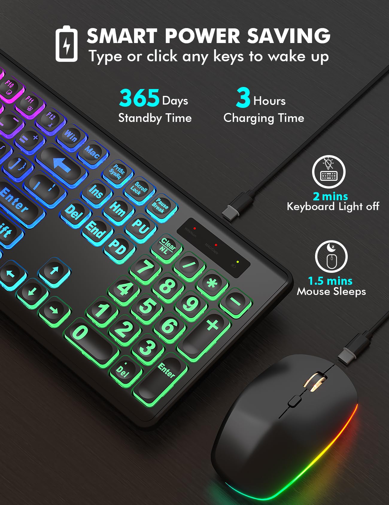 Wireless Keyboard And Mouse Combo   Large Print, Rgb Backlit, Oversize Light Up Letters, Rechargeable, Ergonomic Tilt Leg, Sleep Mode, 2.4Ghz Quiet Keyboard Mouse For Mac, Windows, Laptop, Pc, Trueque