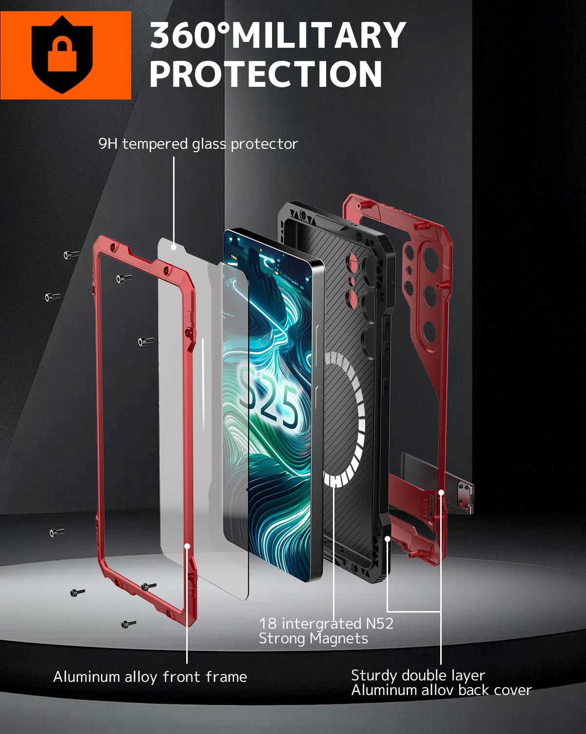 Ninki For Samsung Galaxy S25 Ultra Case Metal Silicone With Kickstand Built-In Screen Protector,Heavy Duty 360Military Shockproo