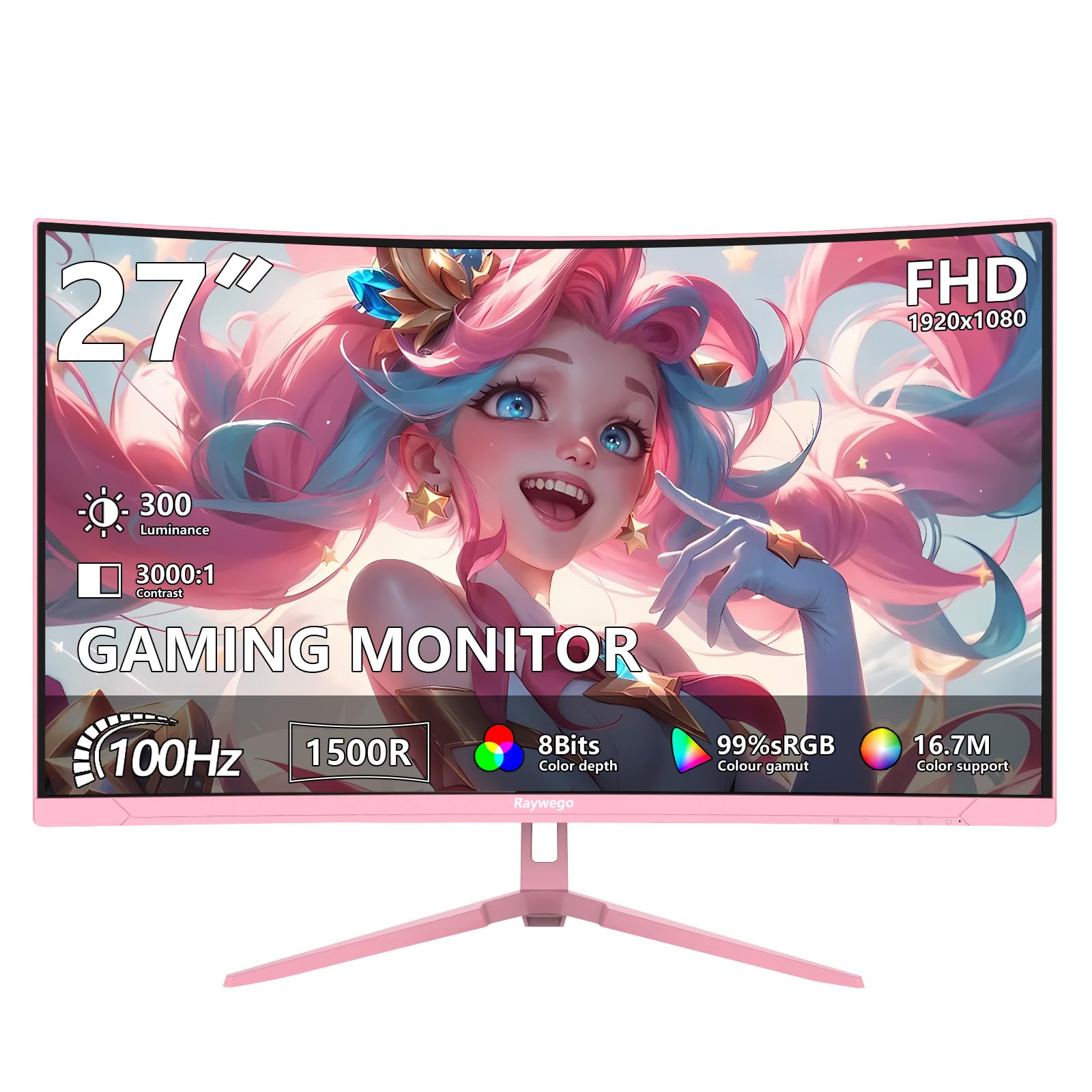 Raywego Pink 27 inch Curved Gaming Monitor 100Hz,FHD 1080P,1500R LED Display,Pink Computer Monitor,3ms (MPRT),FreeSync,Eye-Care 