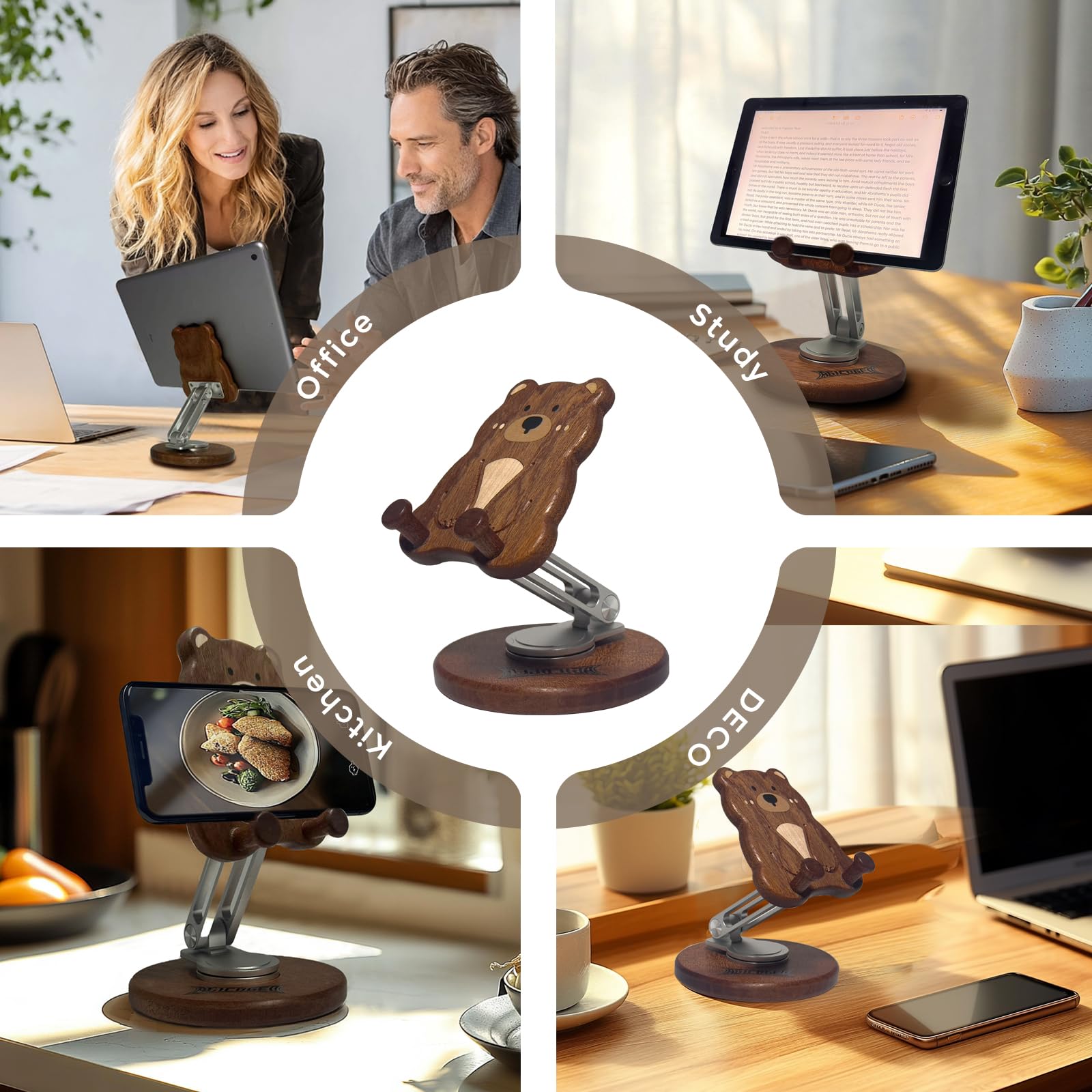 Agicogeo Hand-Inlaid Solid Wood Phone Stand For Iphone 16/Tablets - 360 Rotating Desk Organizer Holder With Artisan Carvings & A