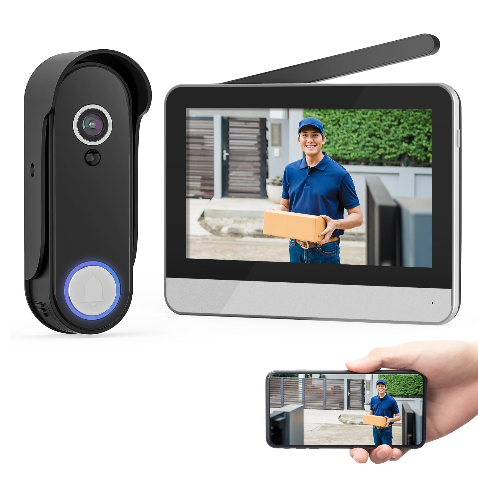WISDOM VIEW Wireless Smart Video Doorbell System,7 Touchscreen Display,1080P Video Doorbell Camera with Motion Detection,2-Way A