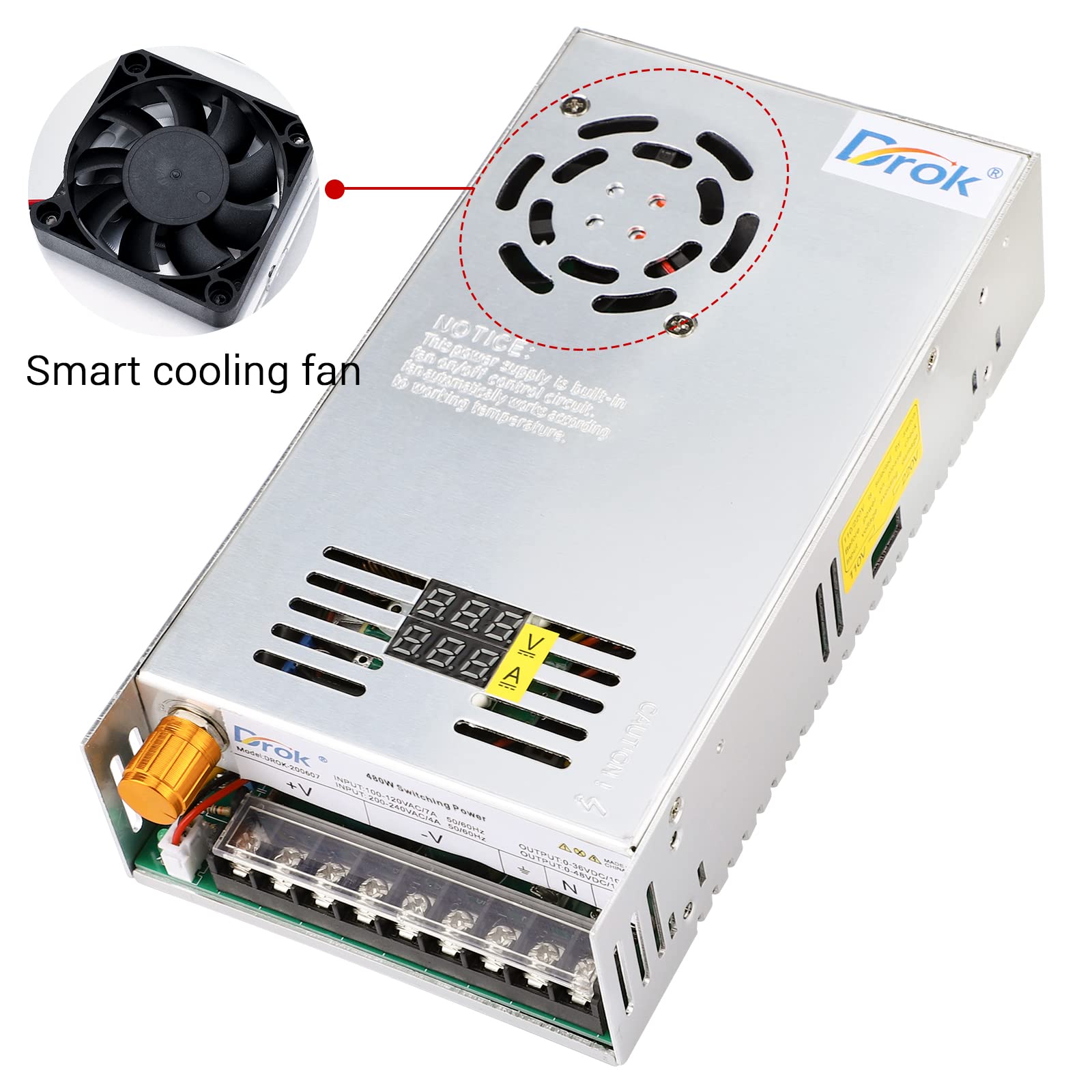 Drok 48V Power Supply, Ac 110V/220V To Dc 0 48V 10A 480W Buck Converter Dual Display, Variable Adjustable Transformer Regulated