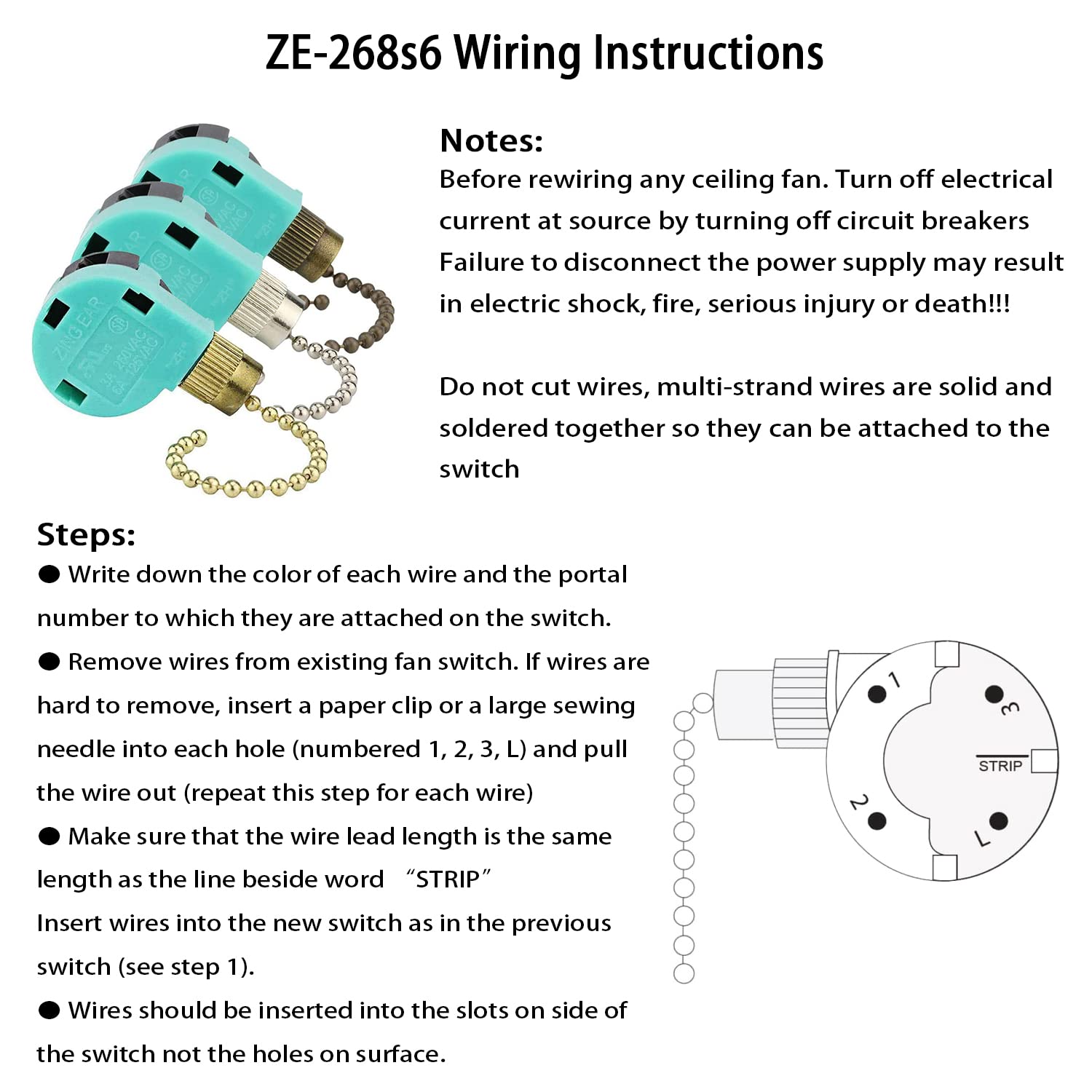 Akahttbn Ceiling Fans Switch Zing Ear Ze 268S6, 3 Speed 4 Wire Pull Chain Cord Appliances Switch Speed Control Replacement Parts
