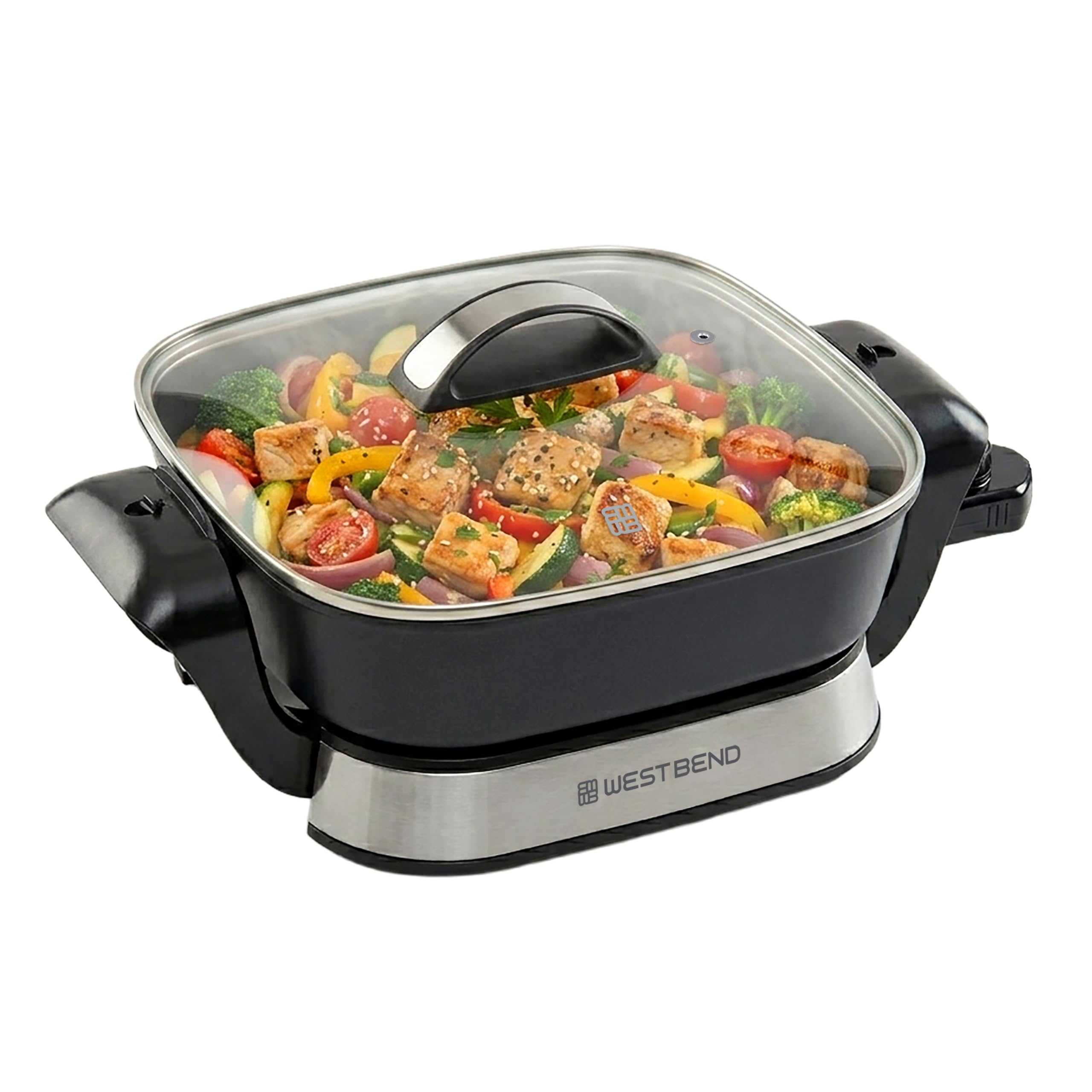 West Bend 11x11 Electric Skillet with Diamond Shield Ceramic Nonstick, Removable Foldable Base, Tempered Glass Lid with Ve